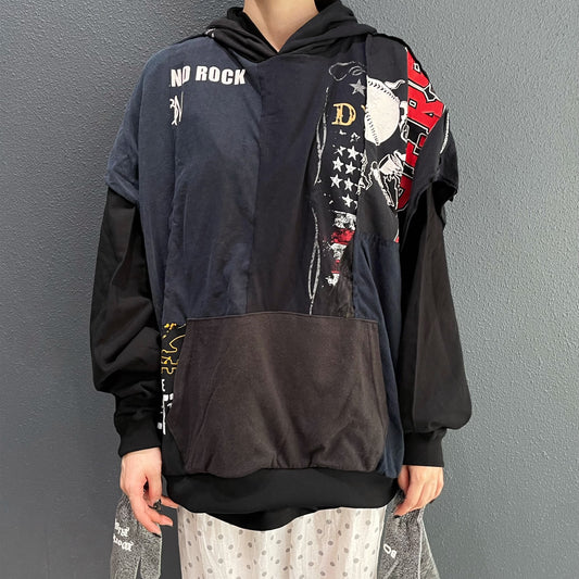 REMODEL/LAYER/VINTAGE TEE / BLACK / 手袋付きリメイクTシャツ