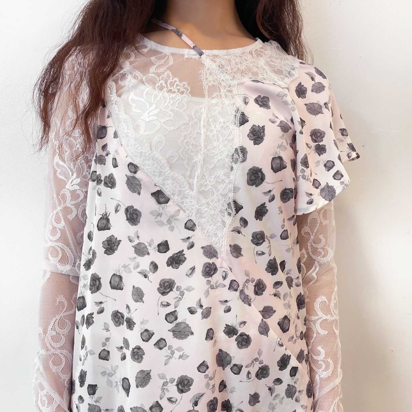 Francesca Dress / Print Pink x White lace / アシンメトリードレス