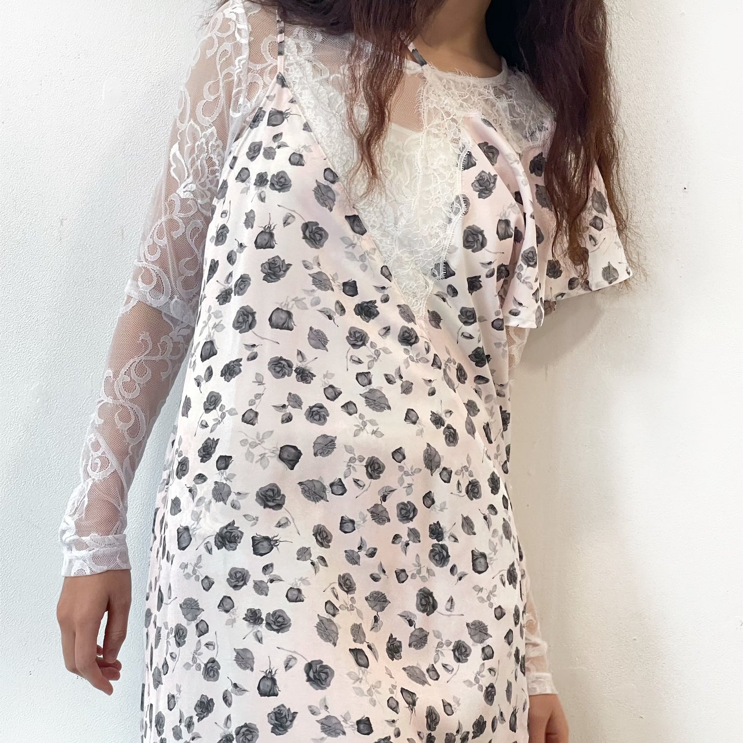 Francesca Dress / Print Pink x White lace / アシンメトリードレス