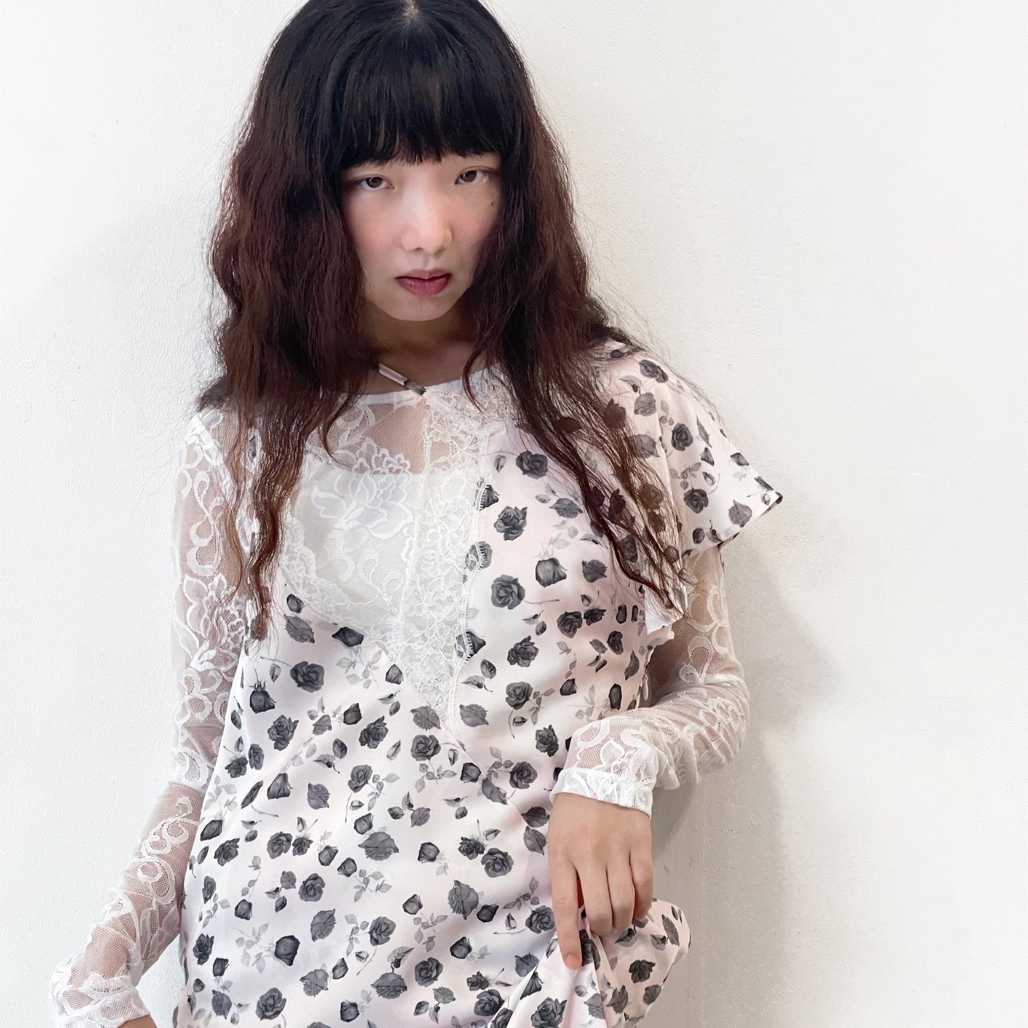 Francesca Dress / Print Pink x White lace / アシンメトリードレス