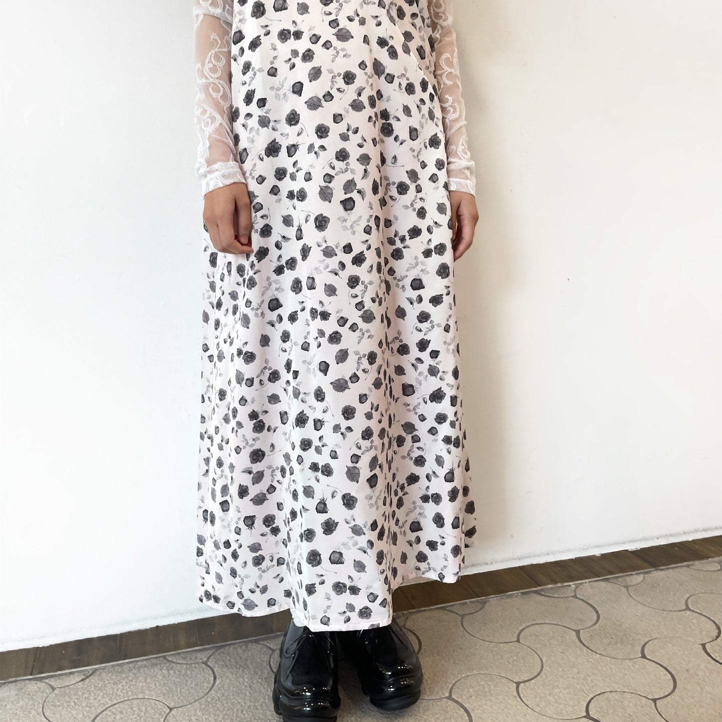 Francesca Dress / Print Pink x White lace / アシンメトリードレス