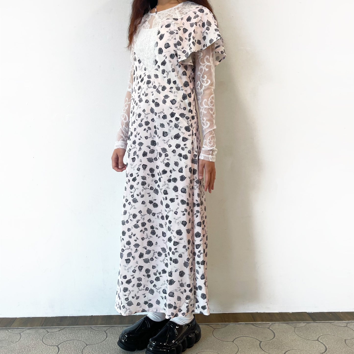 Francesca Dress / Print Pink x White lace / アシンメトリードレス