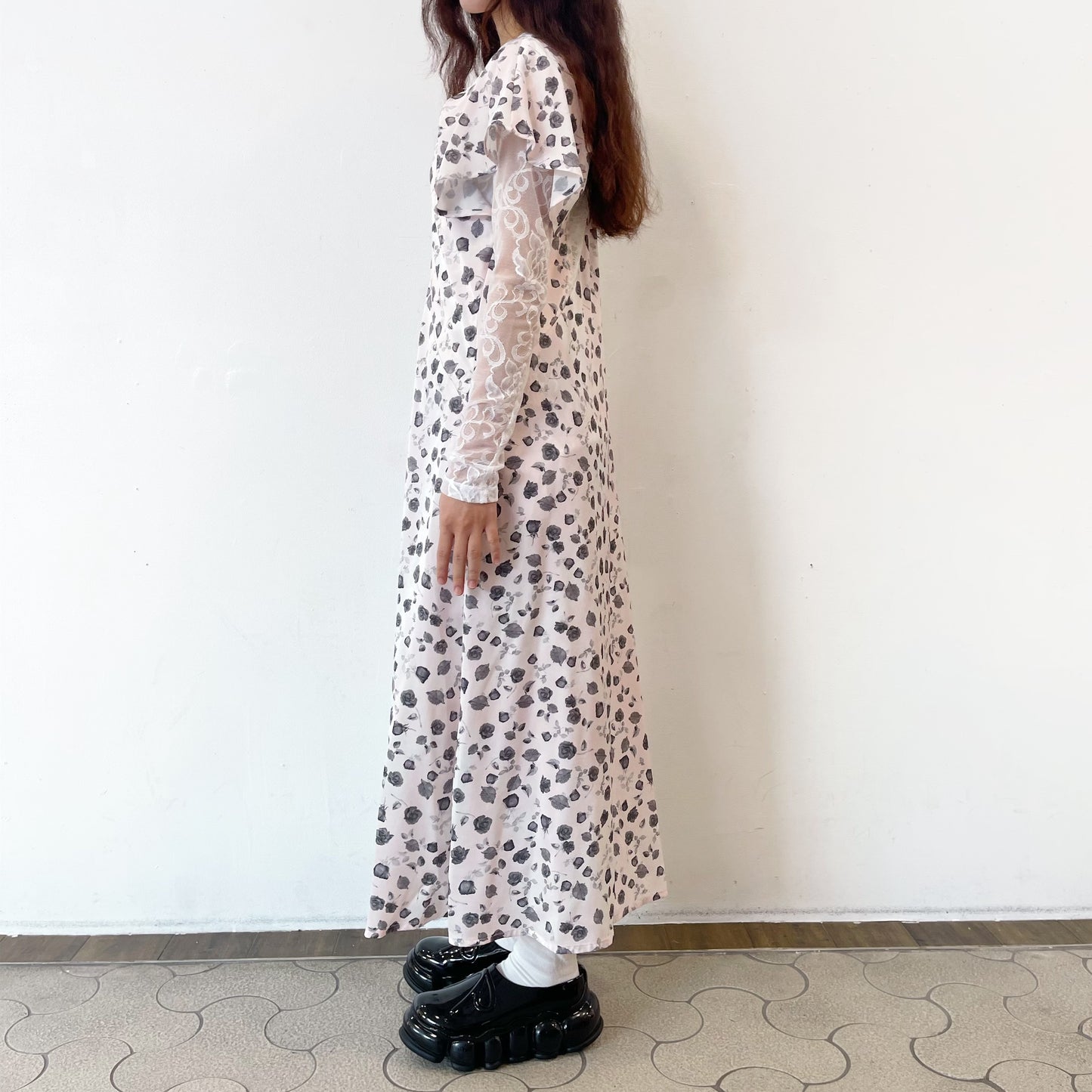 Francesca Dress / Print Pink x White lace / アシンメトリードレス