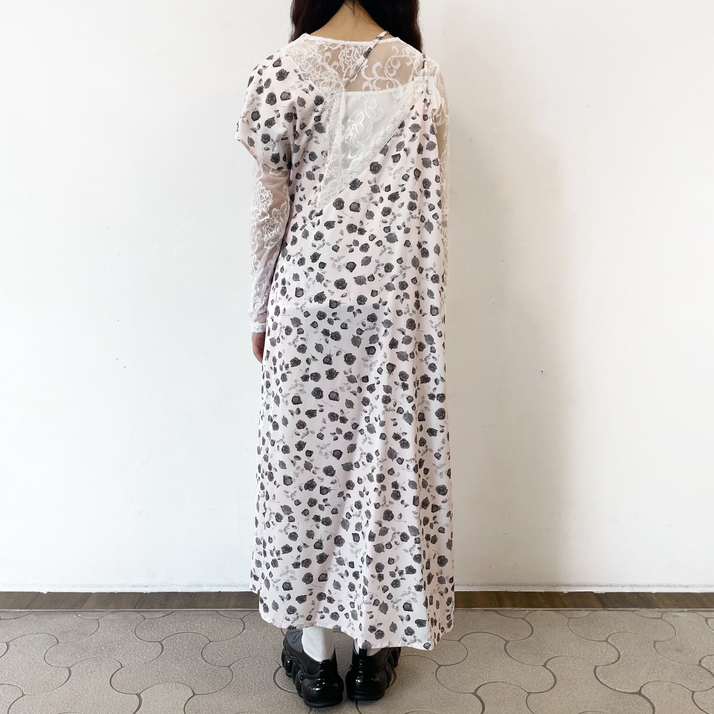 Francesca Dress / Print Pink x White lace / アシンメトリードレス