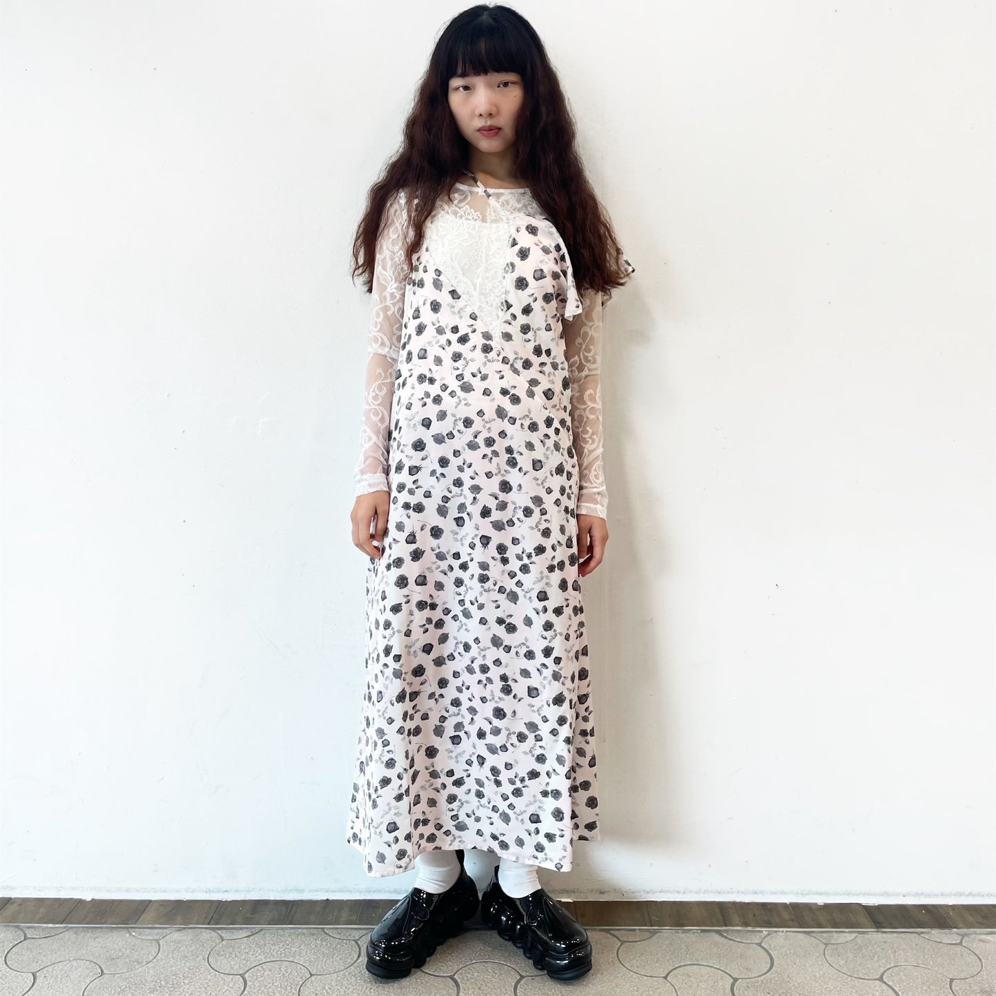 Francesca Dress / Print Pink x White lace / アシンメトリードレス