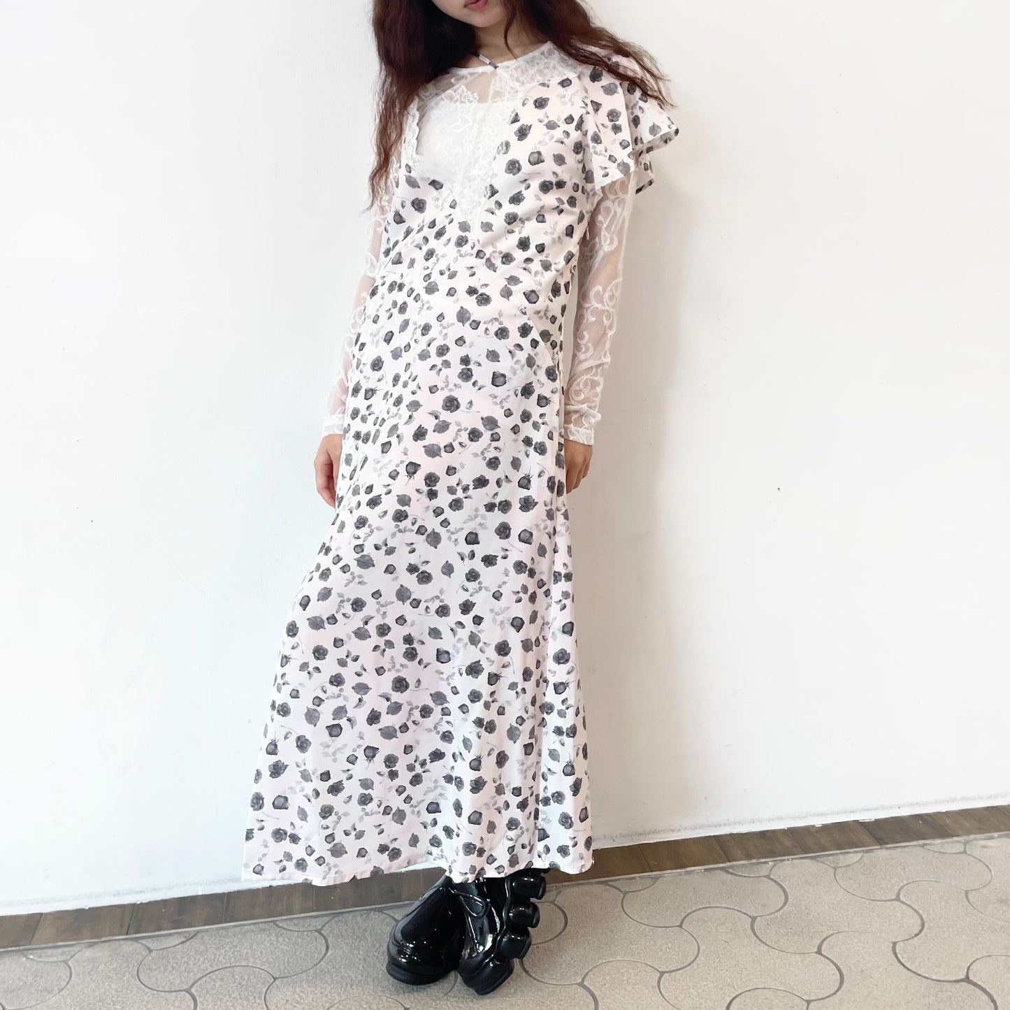 Francesca Dress / Print Pink x White lace / アシンメトリードレス