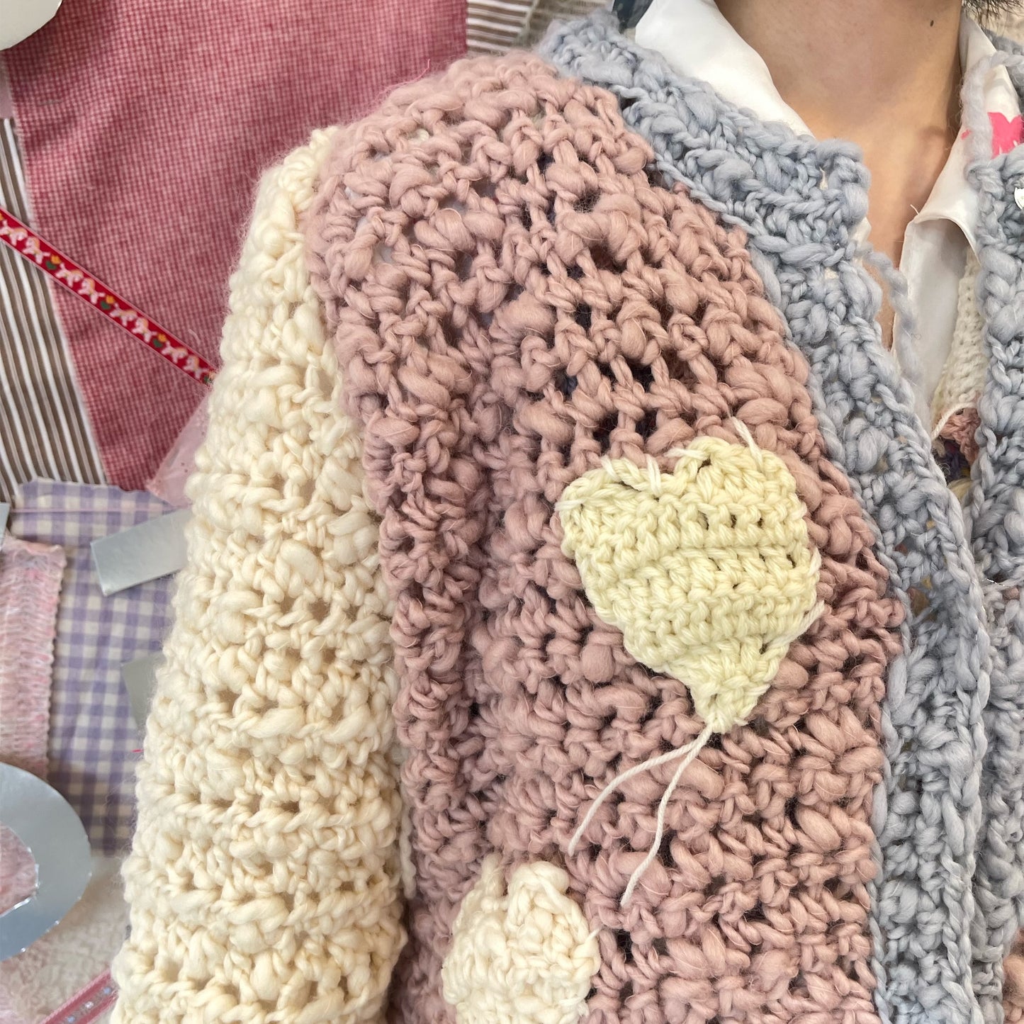 Heart heart knit jumper / Pink×Cream / ハートニットジャンパー
