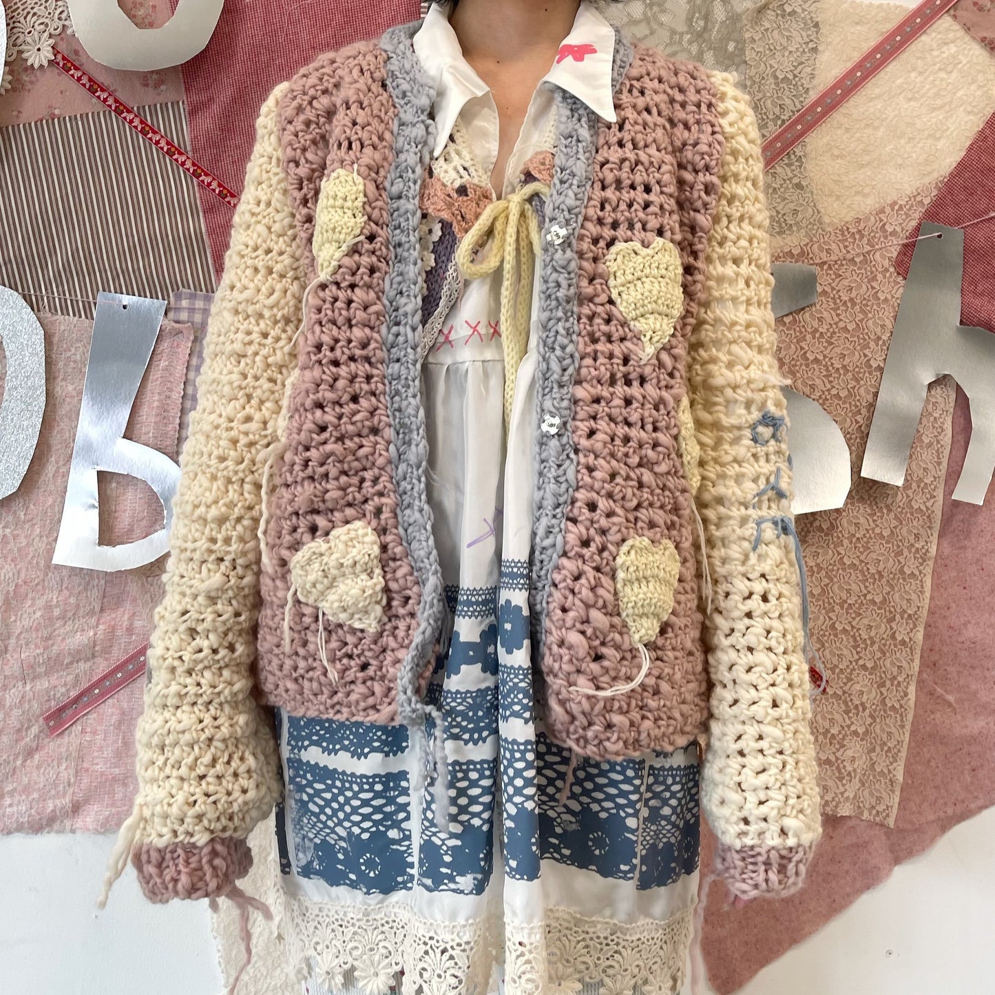Heart heart knit jumper / Pink×Cream / ハートニットジャンパー