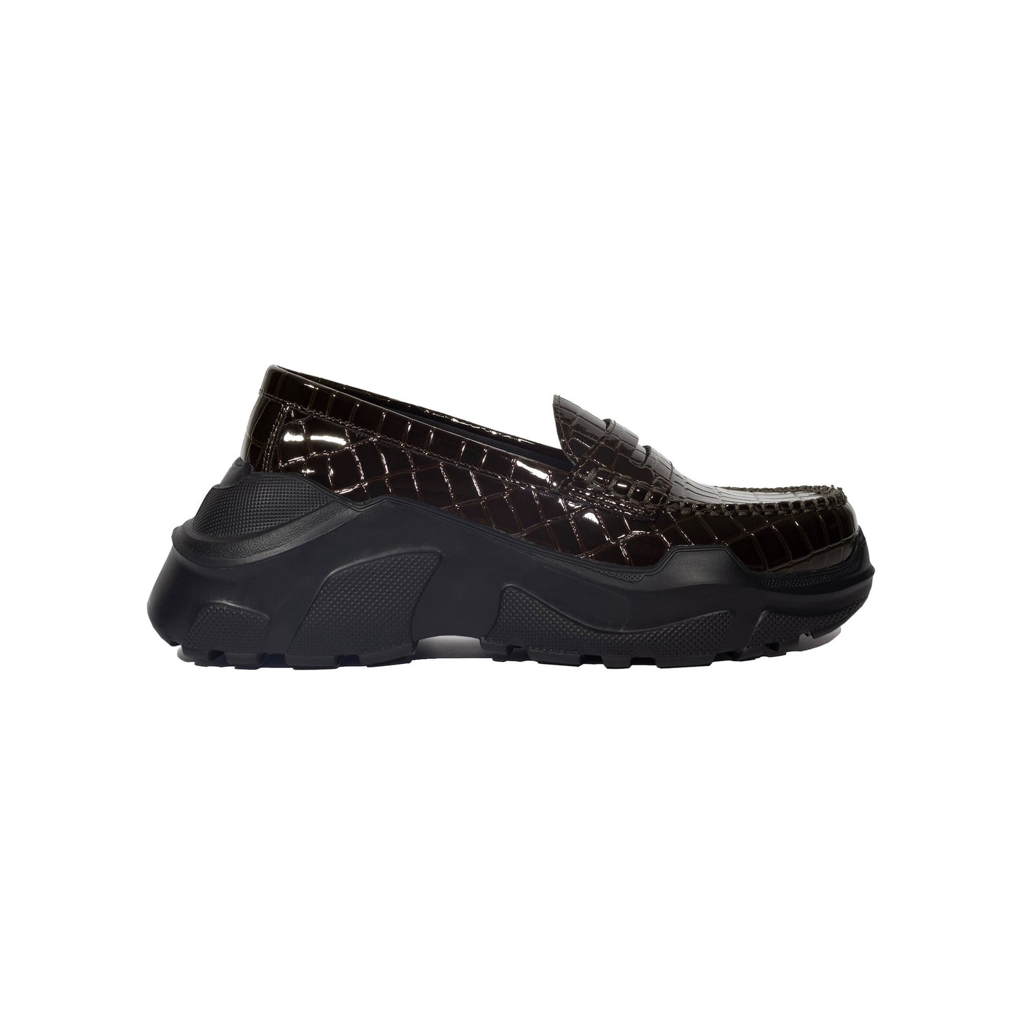 【AKIKOAOKI】Regulated Gravity-petent crocodile / Dark Brown x Black / エナメルクロコローファー