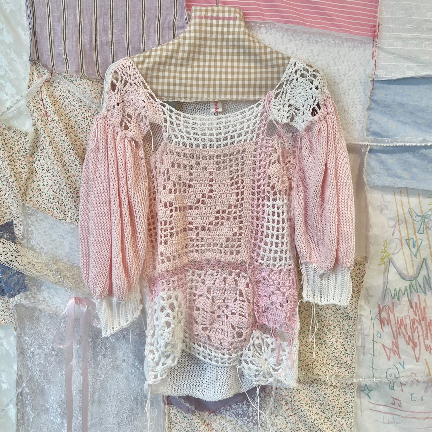 Pink crochet top / Cream×Pink / かぎ編みニットトップ