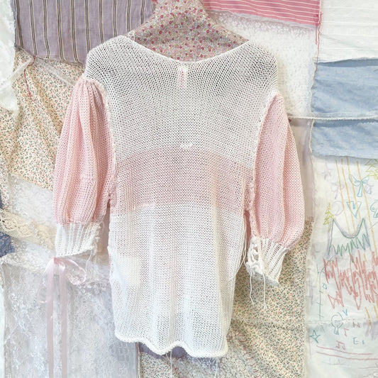 Pink crochet top / Cream×Pink / かぎ編みニットトップ