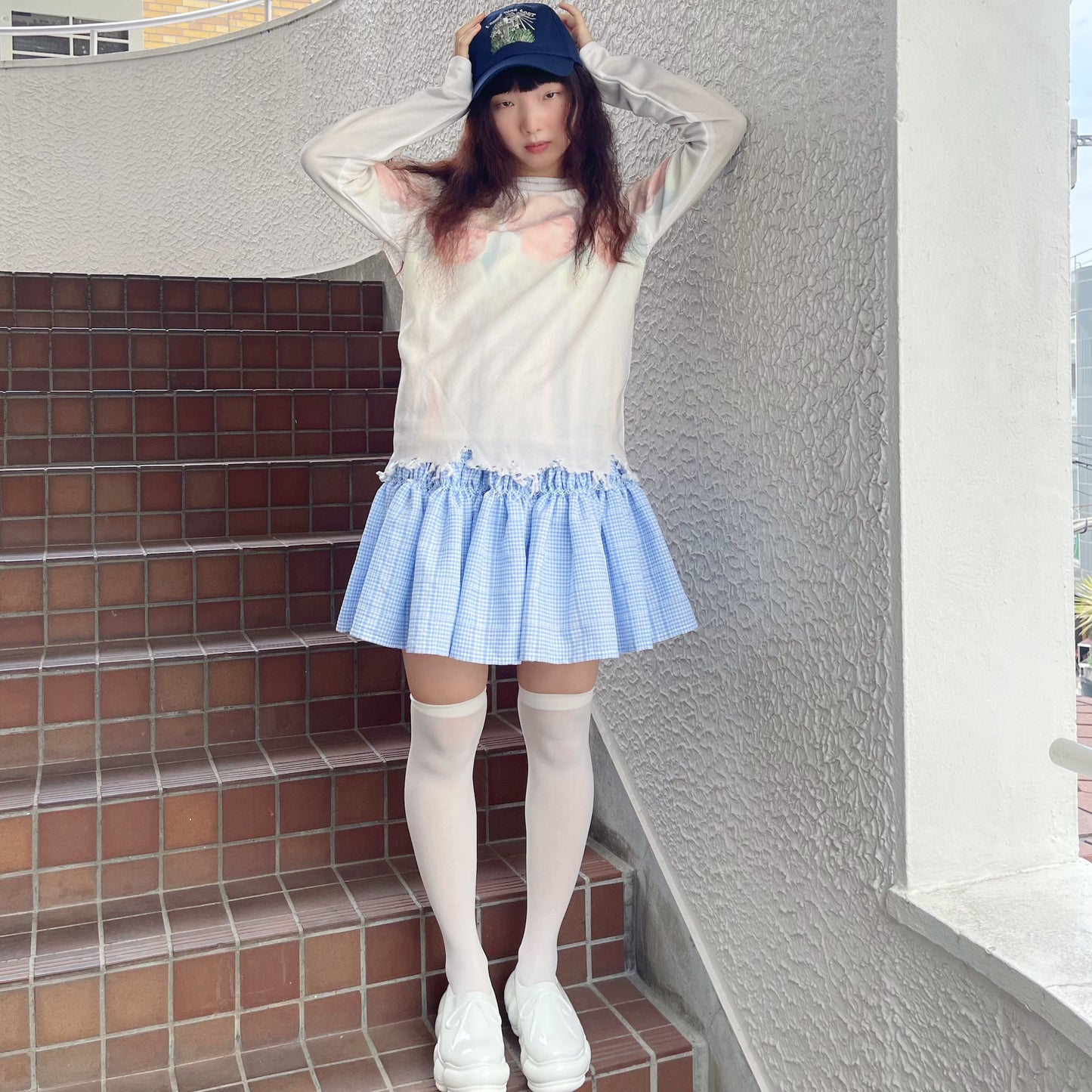 Embroidery skirt / Blue / チェックスカート