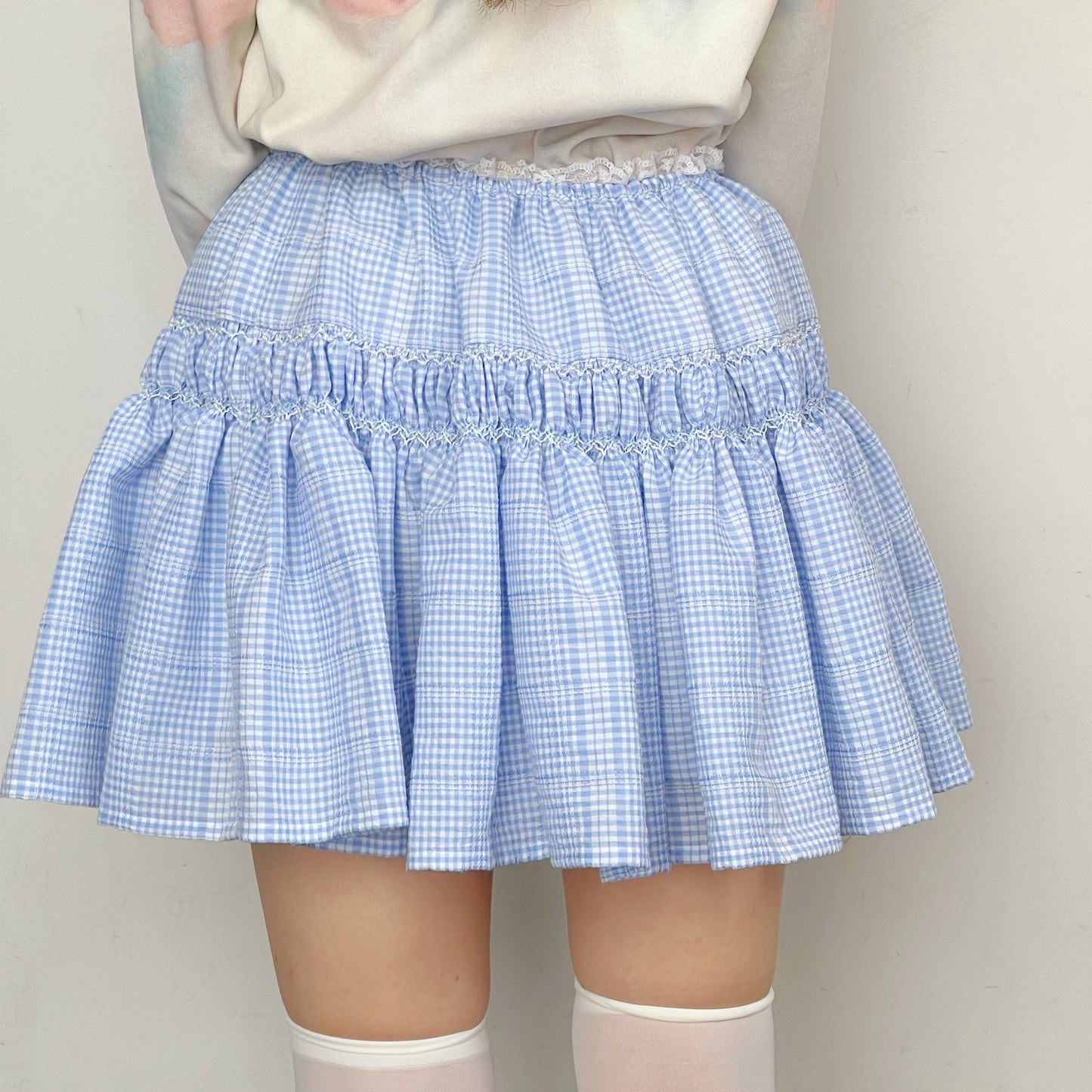 Embroidery skirt / Blue / チェックスカート