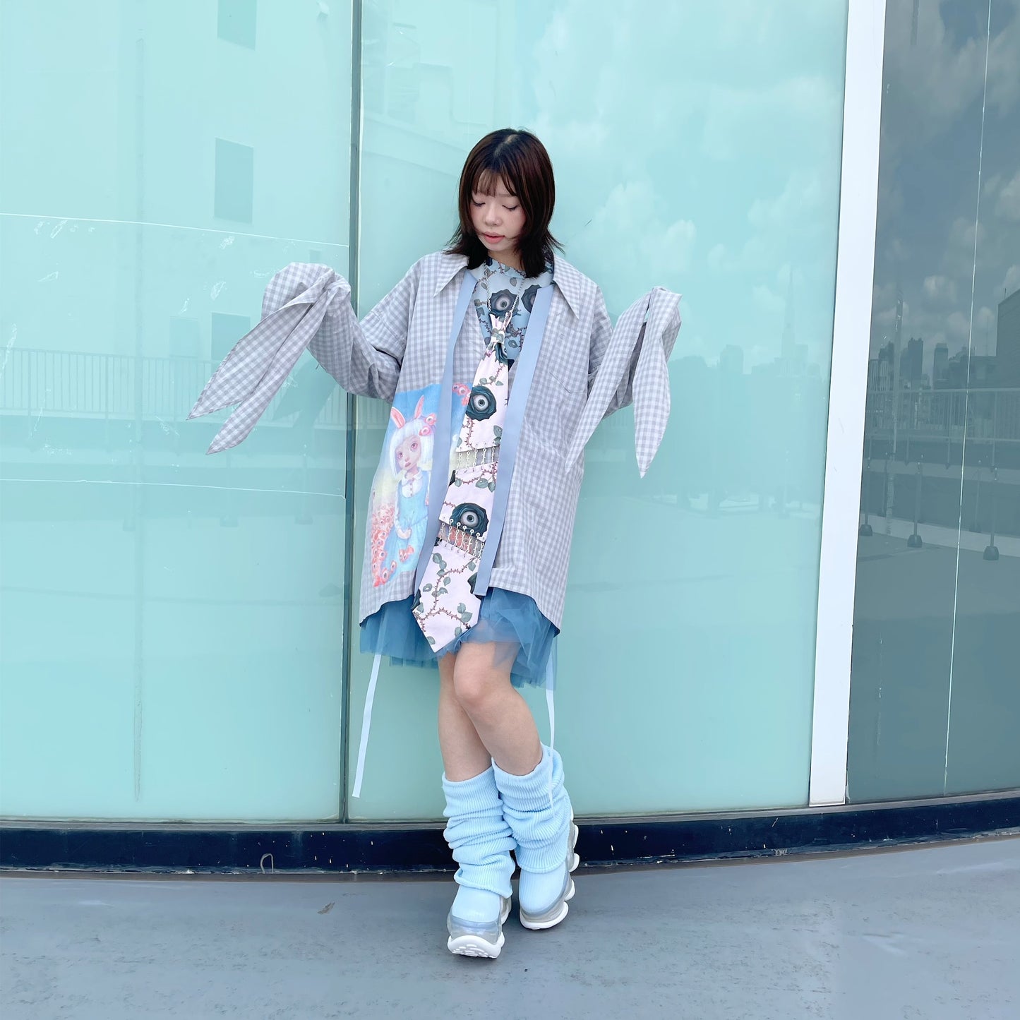 RIBBON SHIRT USAGI DAMA / GREY CHECK / チェックリボンシャツ