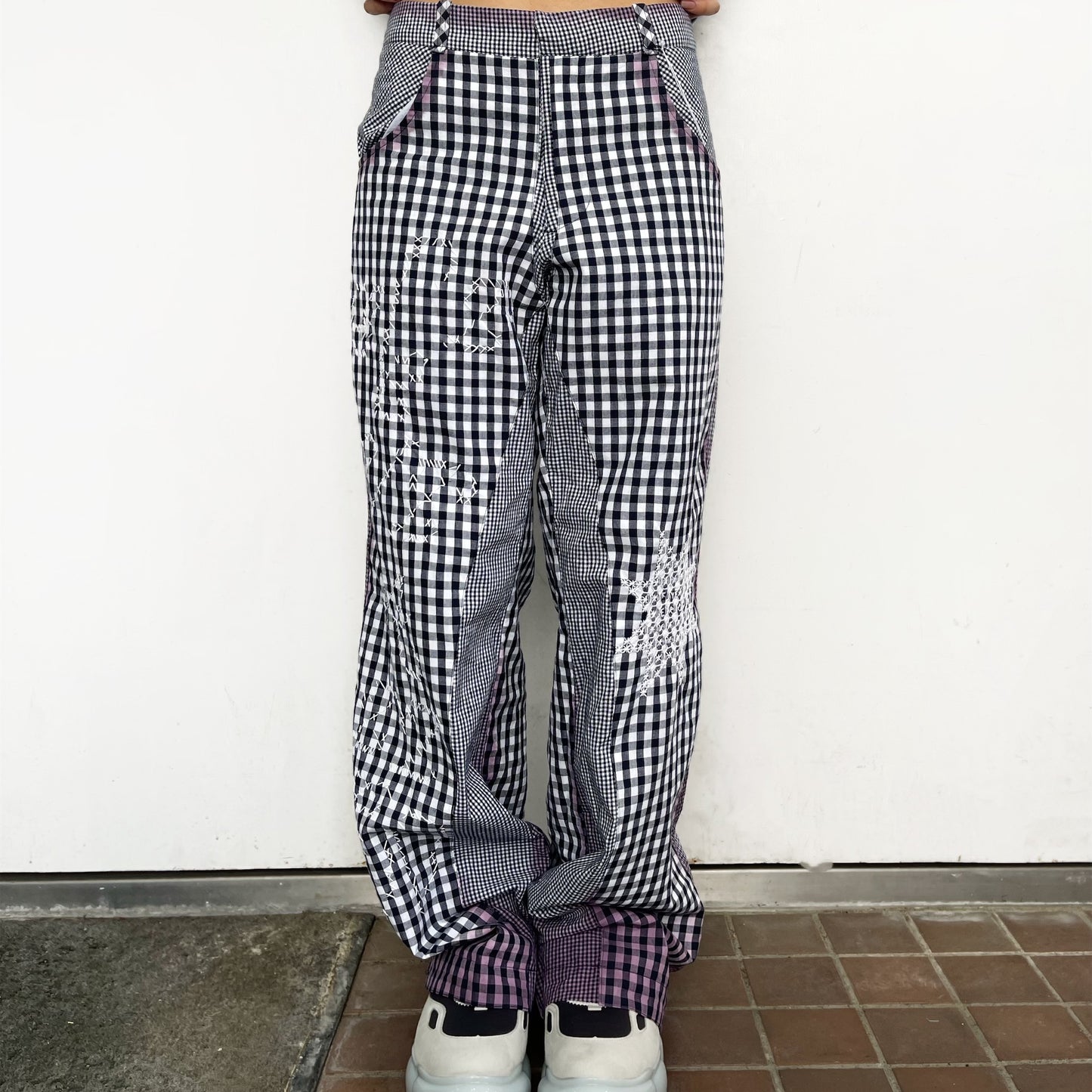 gingham patchwork pants / navy / ギンガムパッチワークパンツ