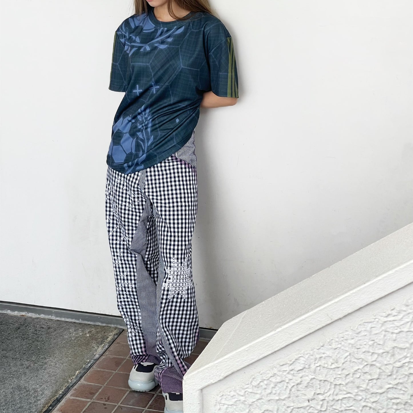 gingham patchwork pants / navy / ギンガムパッチワークパンツ