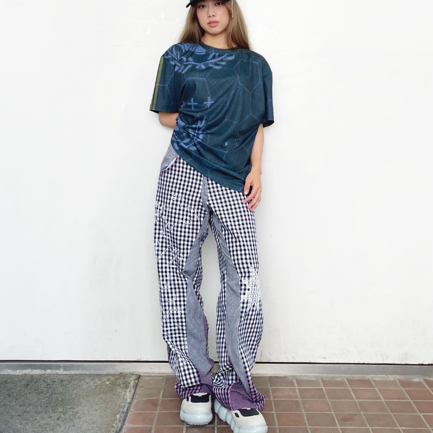 gingham patchwork pants / navy / ギンガムパッチワークパンツ