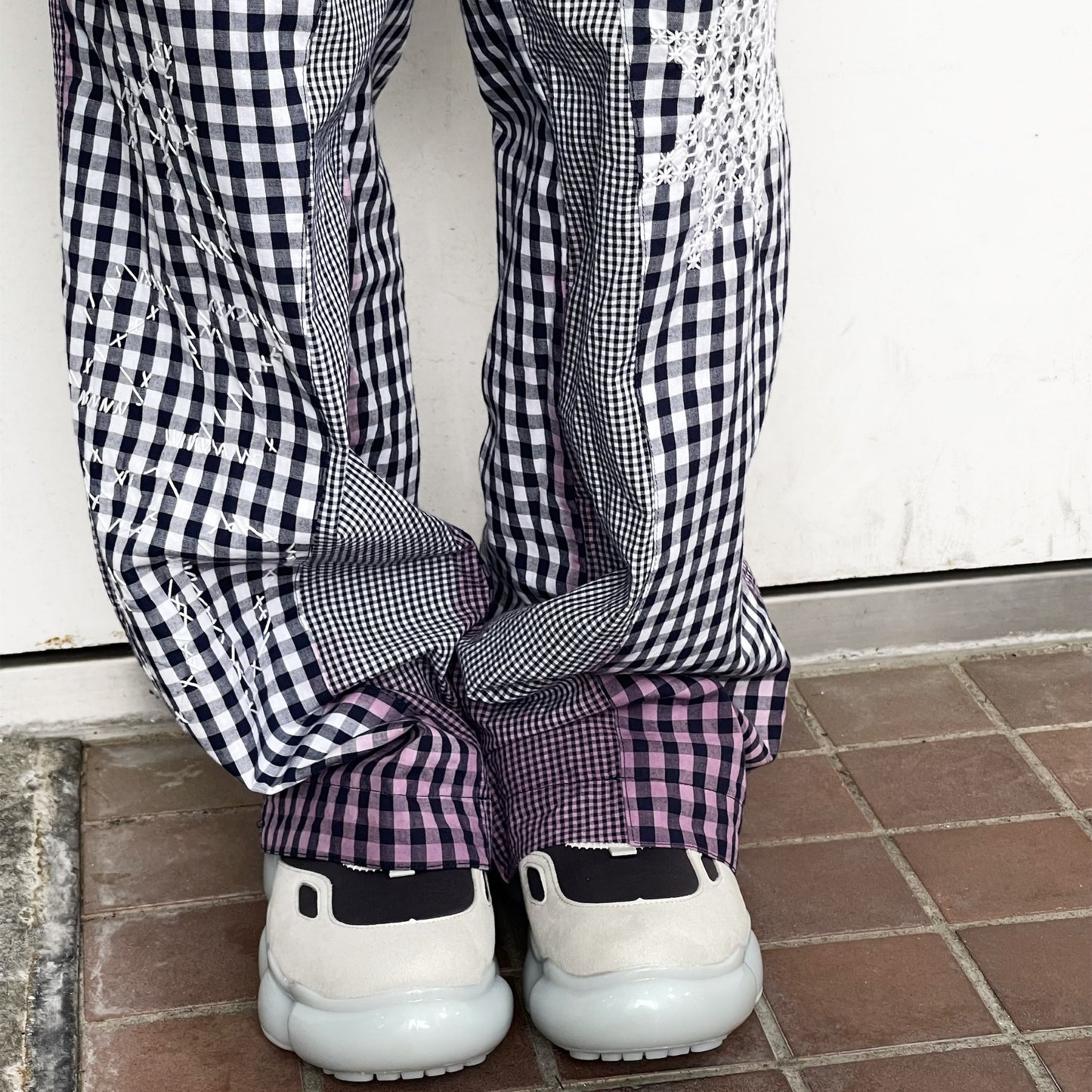 gingham patchwork pants / navy / ギンガムパッチワークパンツ