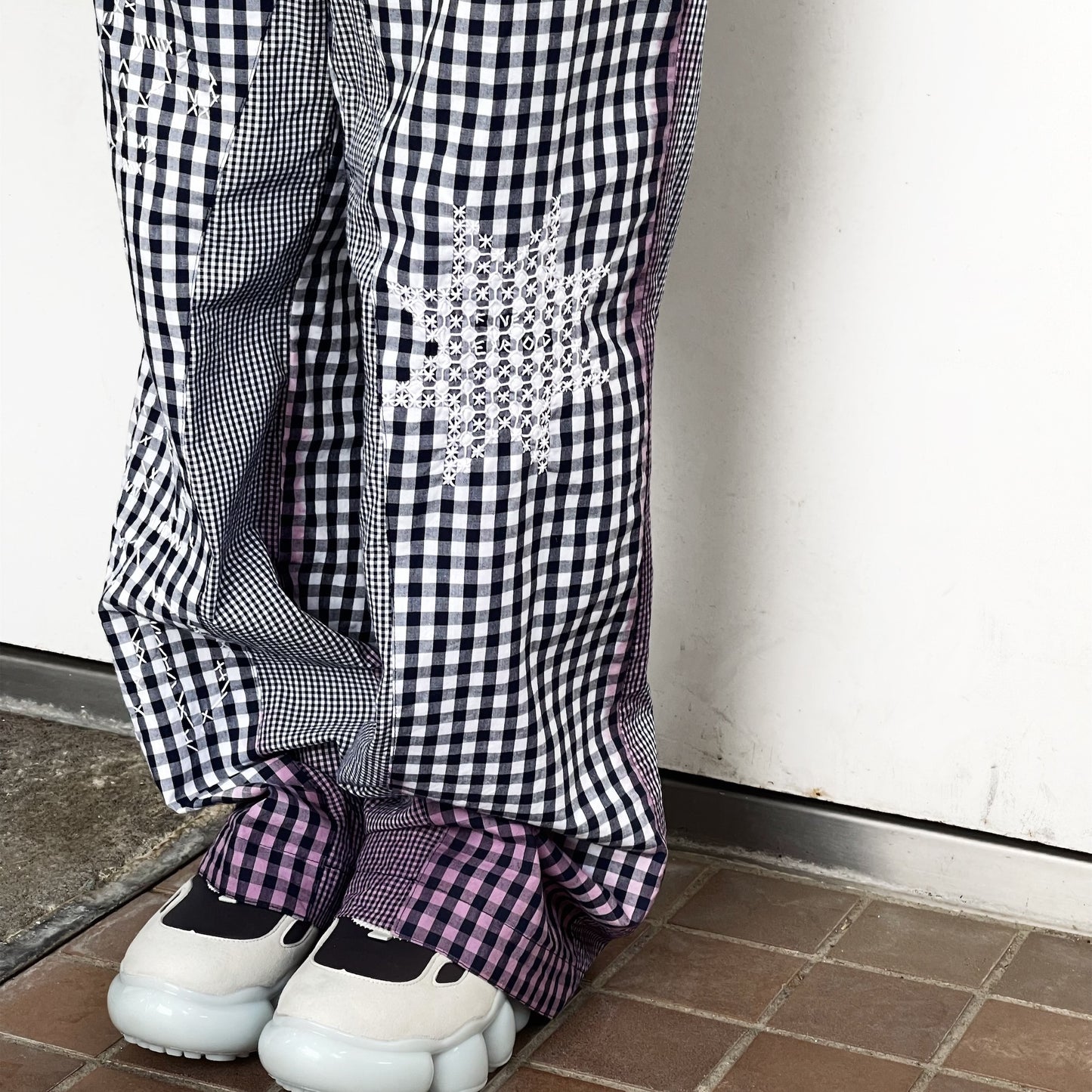 gingham patchwork pants / navy / ギンガムパッチワークパンツ