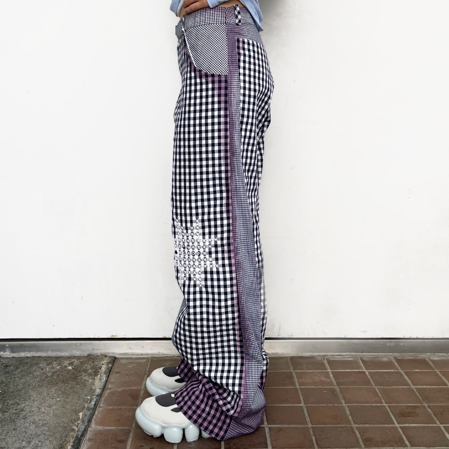 gingham patchwork pants / navy / ギンガムパッチワークパンツ