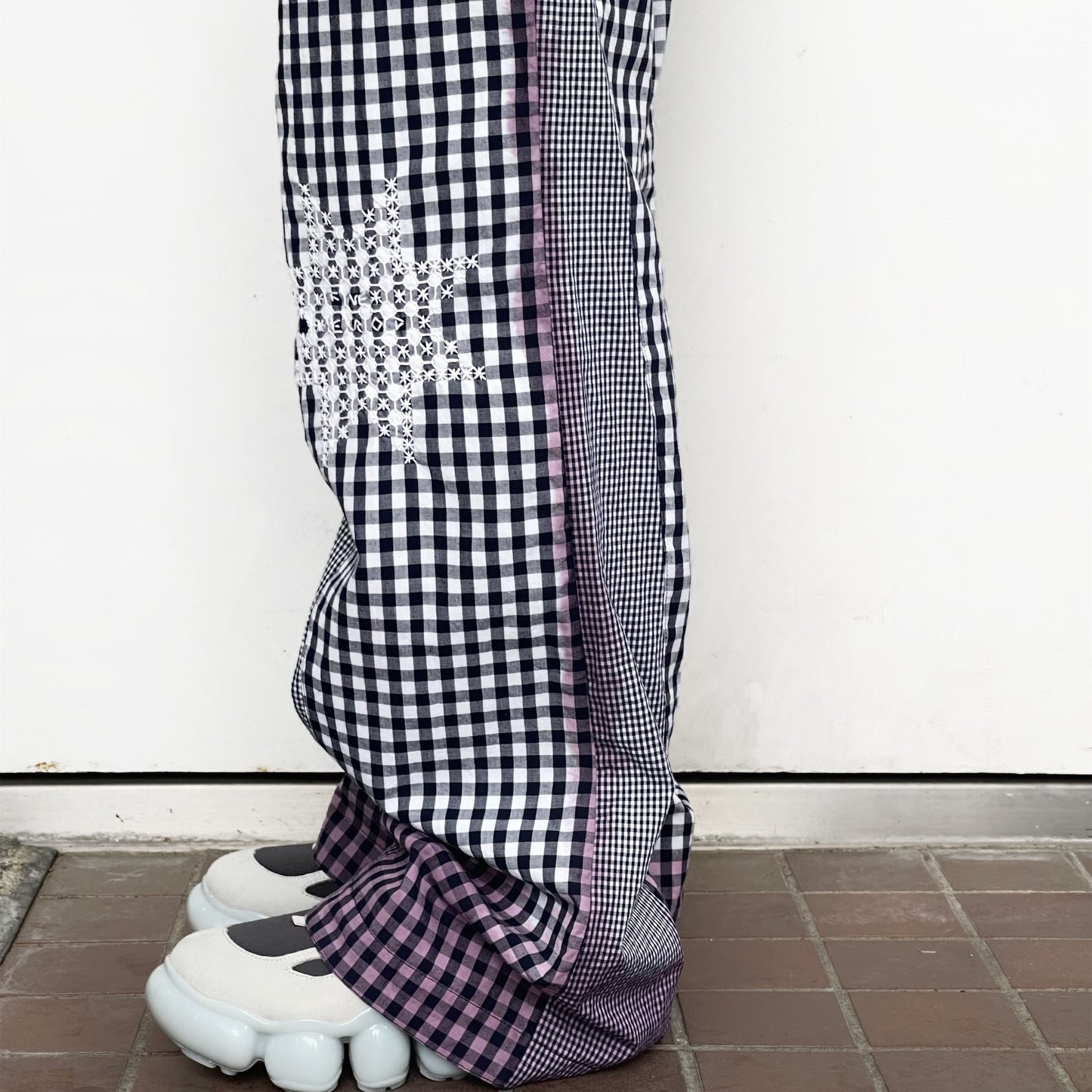 gingham patchwork pants / navy / ギンガムパッチワークパンツ