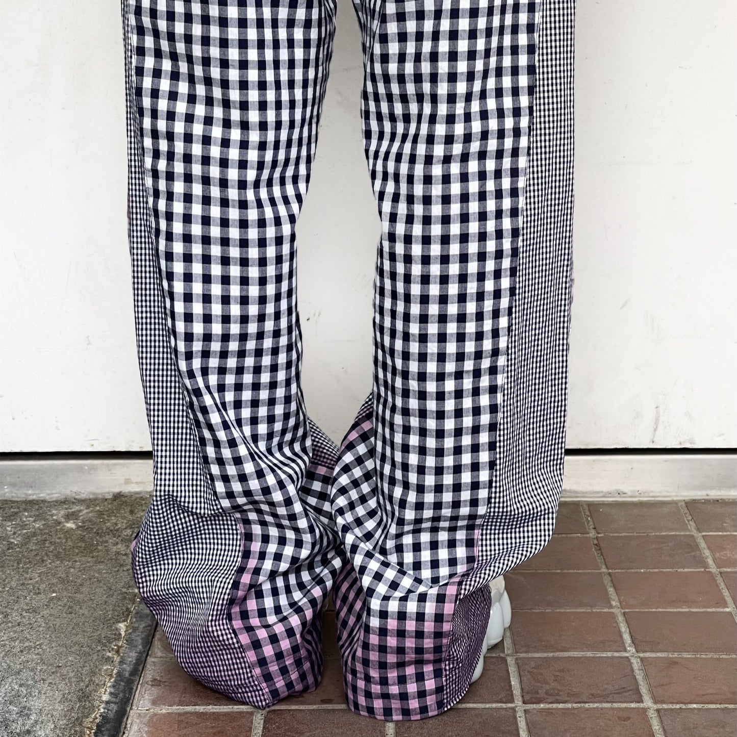 gingham patchwork pants / navy / ギンガムパッチワークパンツ