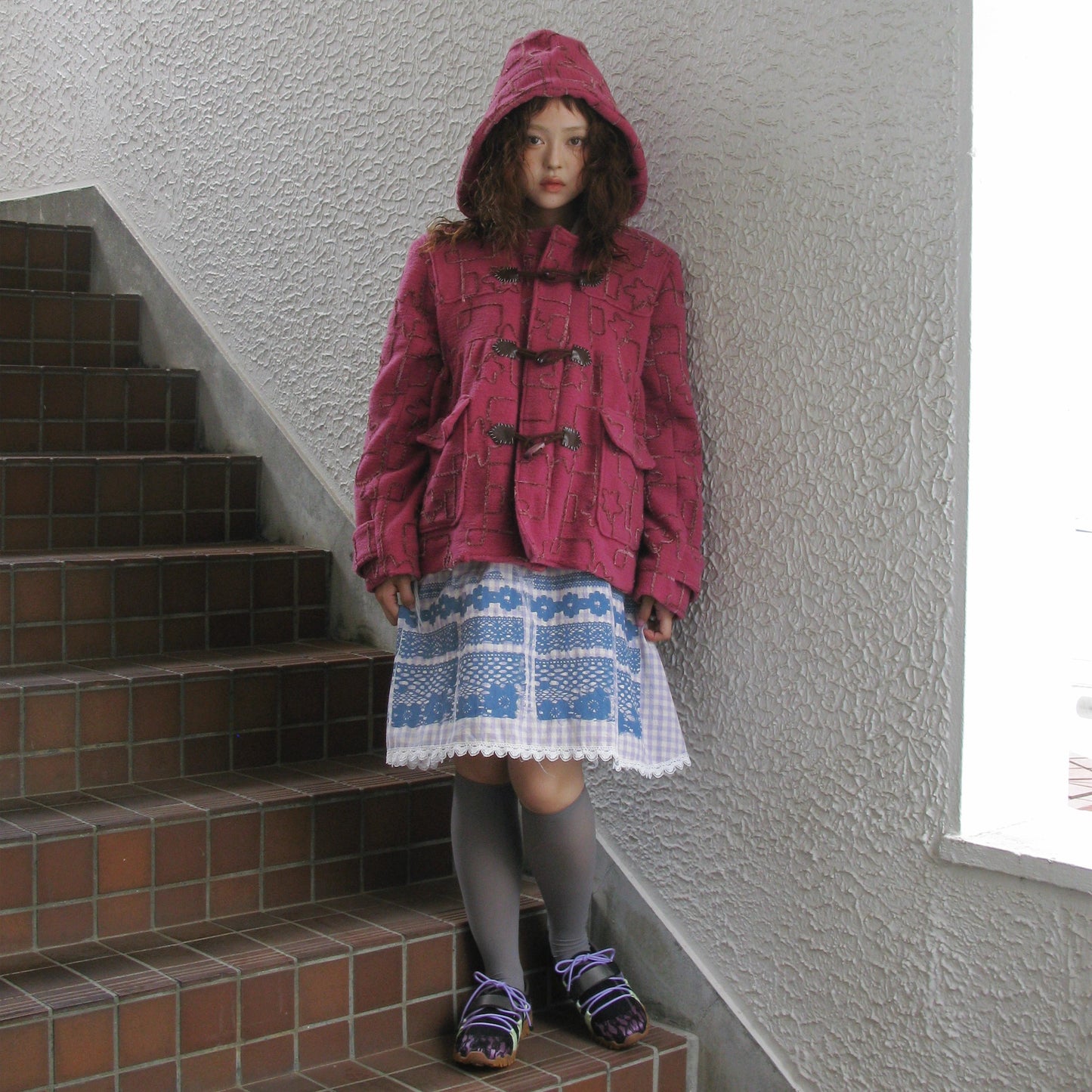 Print lace skirt / Purple check / プリントレーススカート