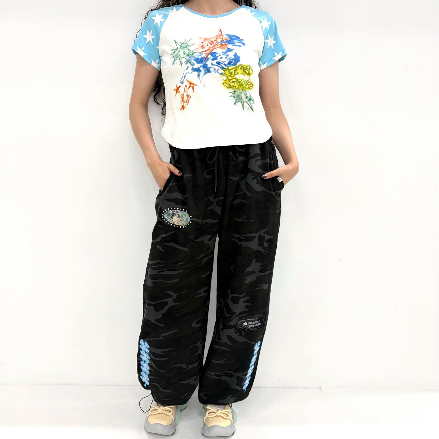 Star Sleeve Spray Raglan Top / Blue / ラグランTシャツ