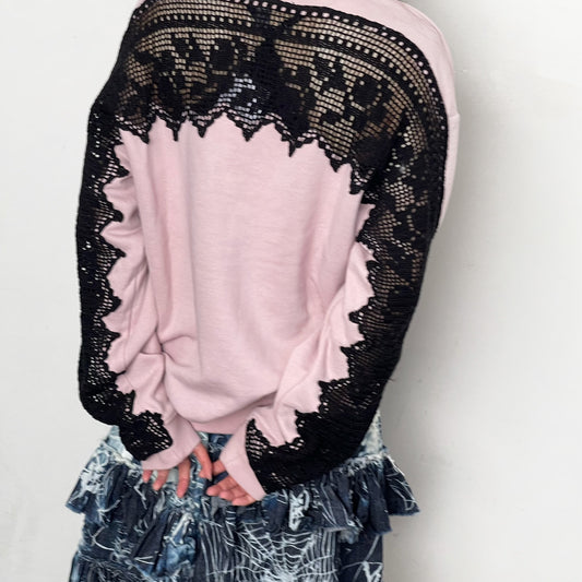 CROCHET SWEATSHIRT / PINK AND BLACK / クロシェスウェットトップ