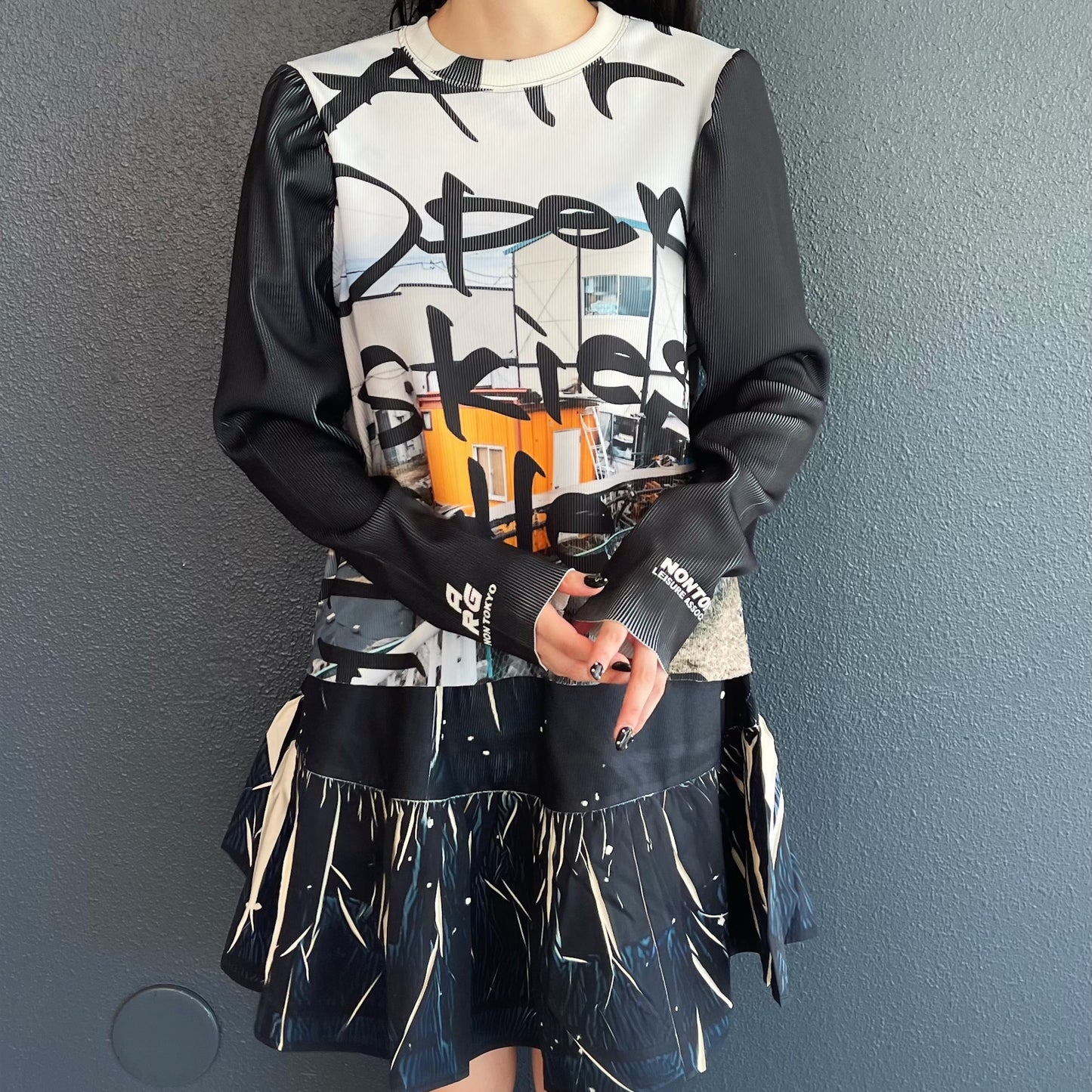 PRINT RIB PUFF SLEEVE CUT & SEW / TAGGING / プリントリブパフスリーブカットソー