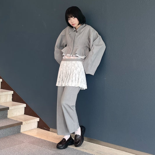 Simone Skirt Pants / Light Gray x White Lace / プリーツスカートパンツ