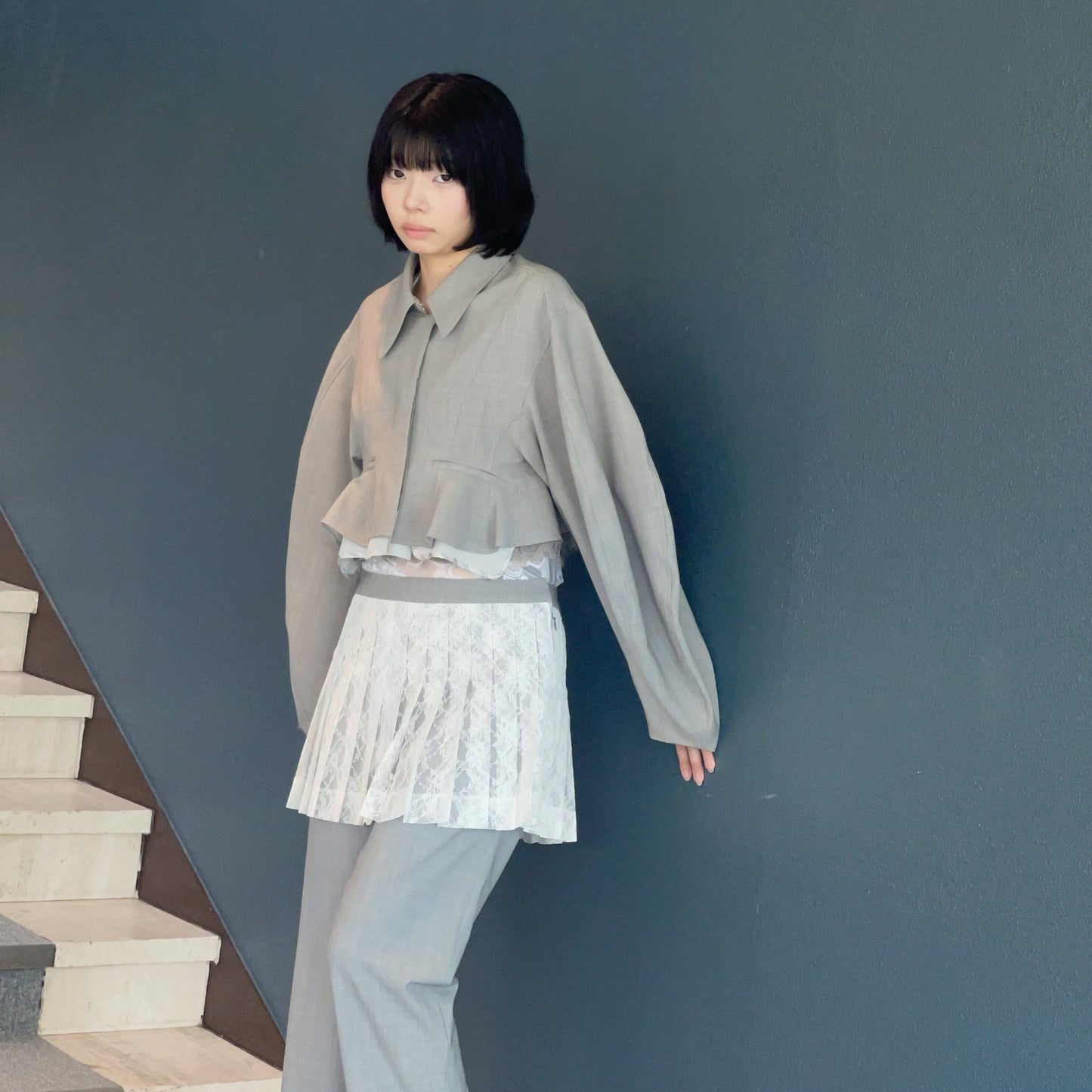 Simone Skirt Pants / Light Gray x White Lace / プリーツスカートパンツ