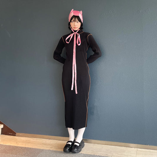 TODO WAVE LONG SLEEVE DRESS *HIGH NECK TYPE / BLACK / プリーツウェーブロングスリーブドレス