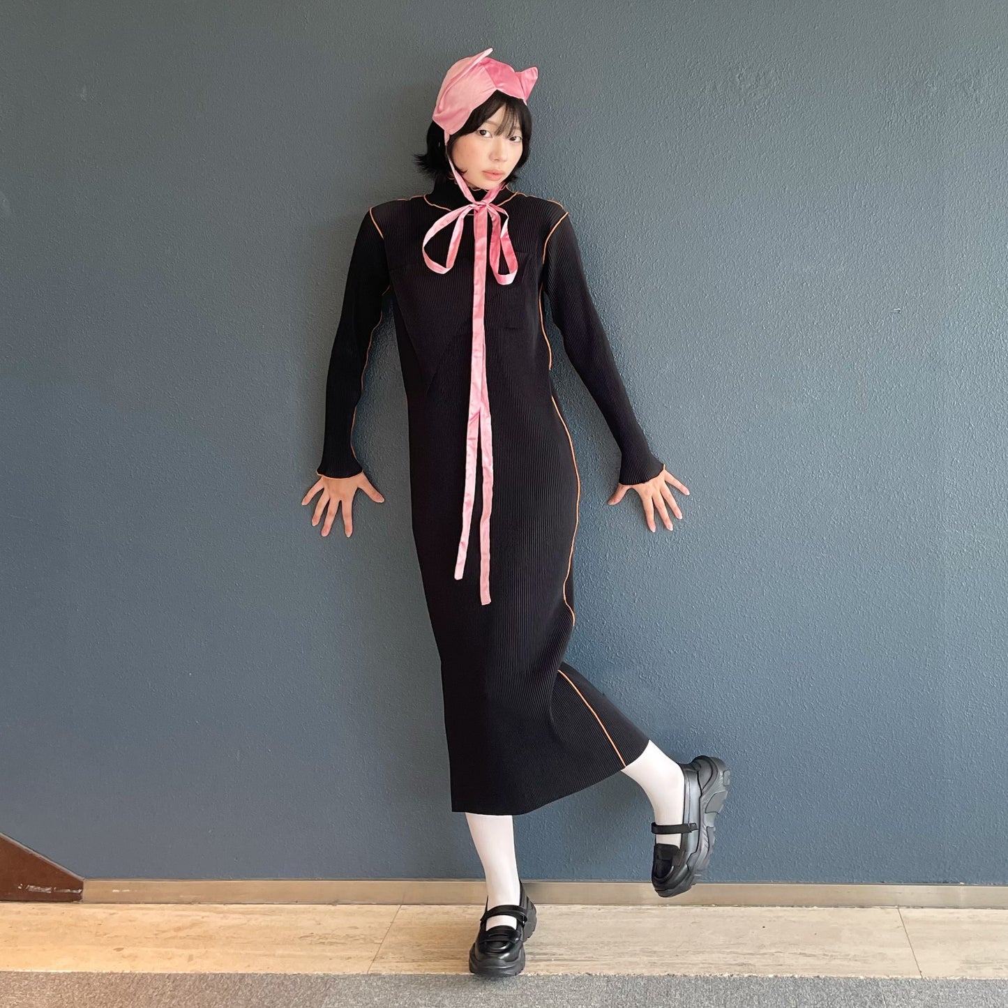 TODO WAVE LONG SLEEVE DRESS *HIGH NECK TYPE / BLACK / プリーツウェーブロングスリーブドレス