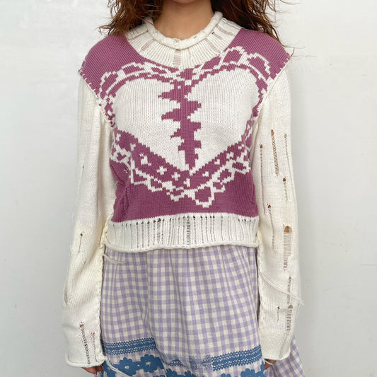 Lace heart jumper / White×Purple / レースハートニット