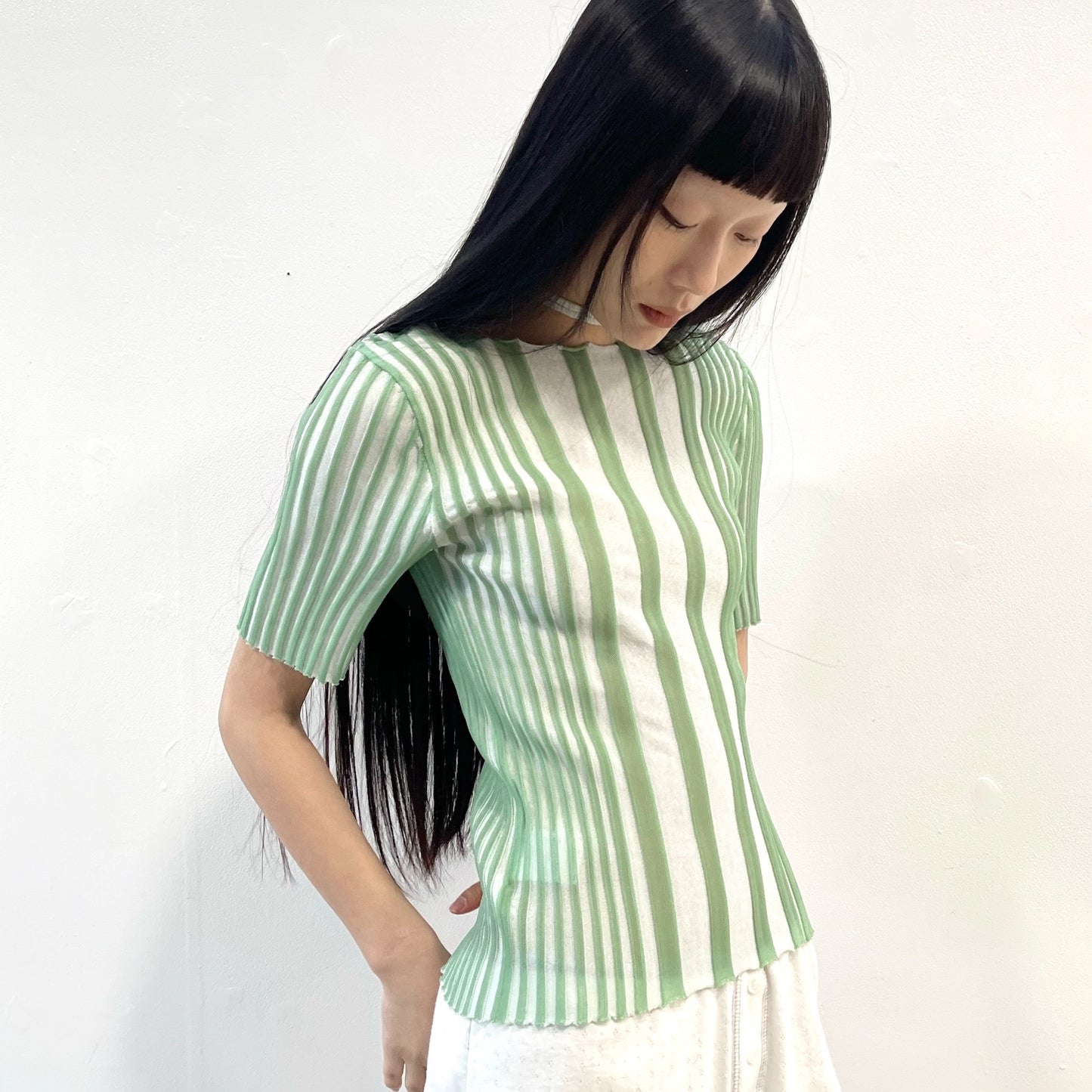 tin knit top / Green × Off White / リブニットトップ