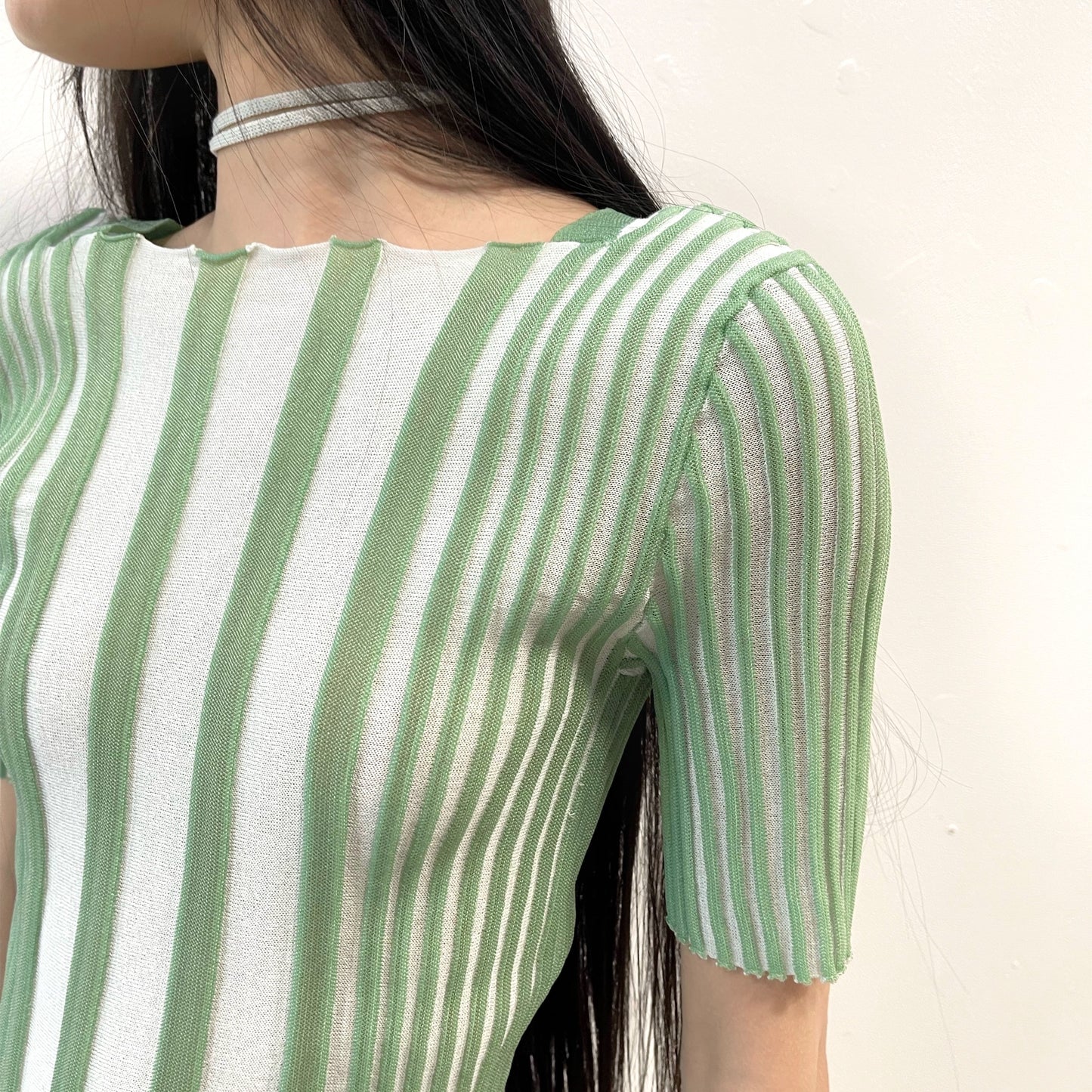 tin knit top / Green × Off White / リブニットトップ