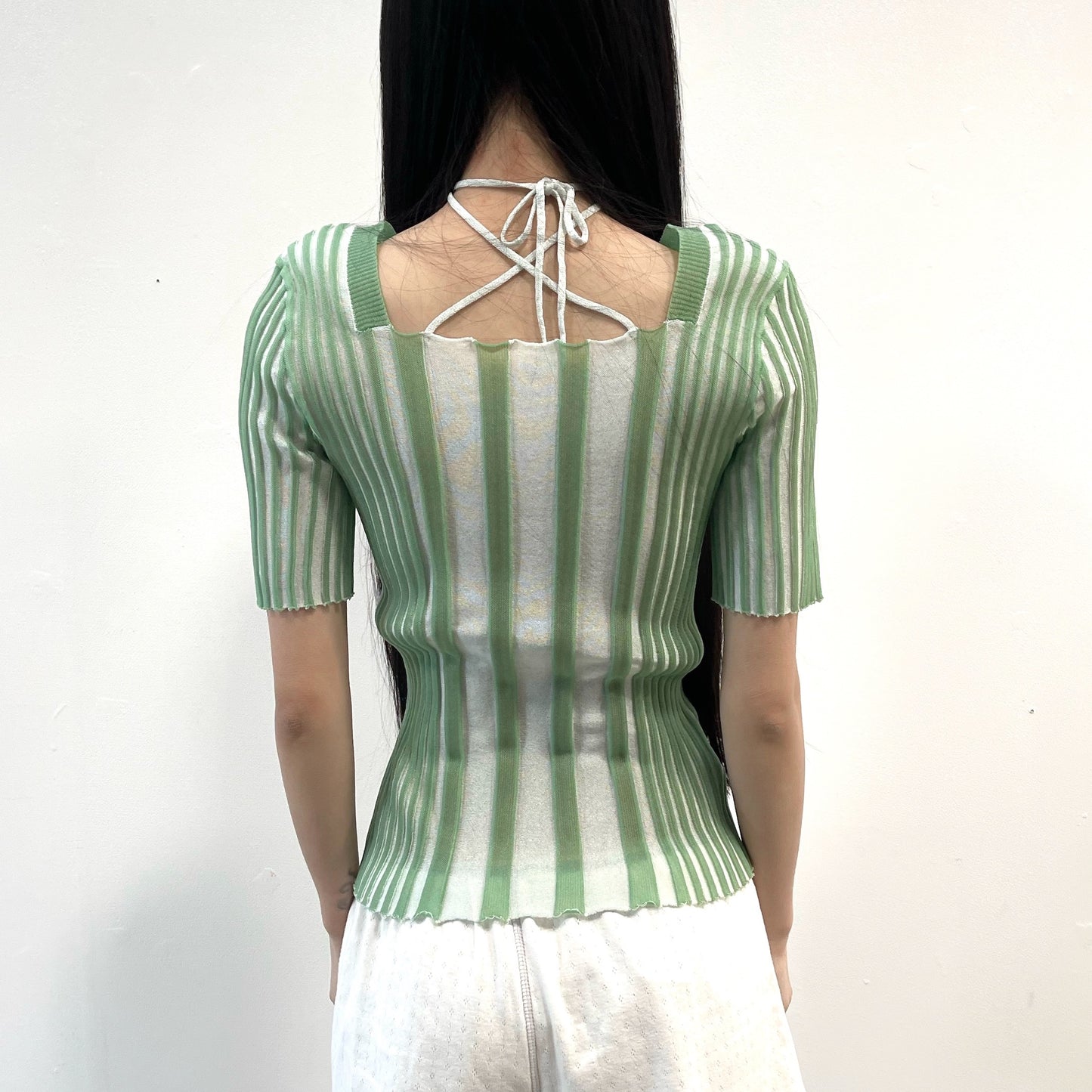 tin knit top / Green × Off White / リブニットトップ