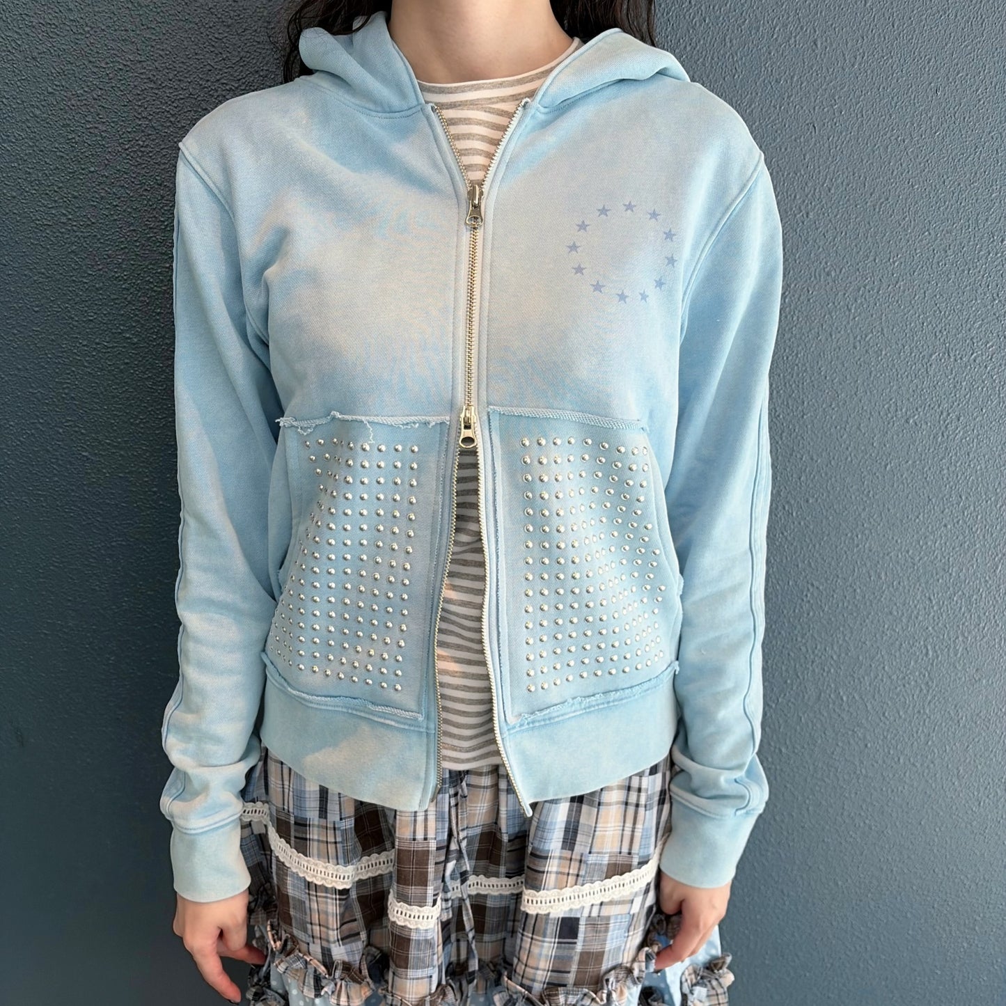 Washed Rhinestone Zip Hoodie / Blue / ウォッシュ加工ジップフーディー