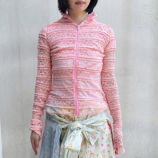 LACE HOODIE / PINK / レースジップアップフーディー