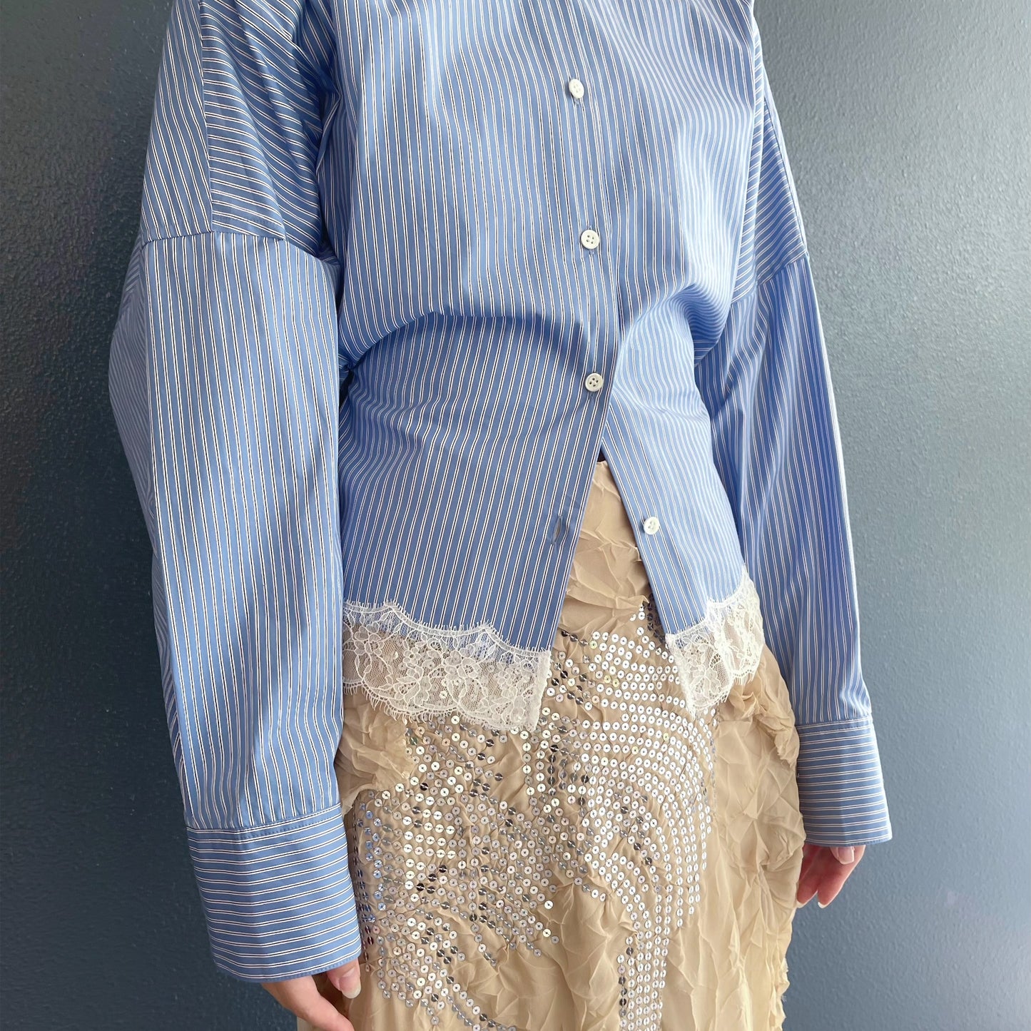 Hanna Shirt / Blue Stripe x White Lace / ウエストシェイプシャツ