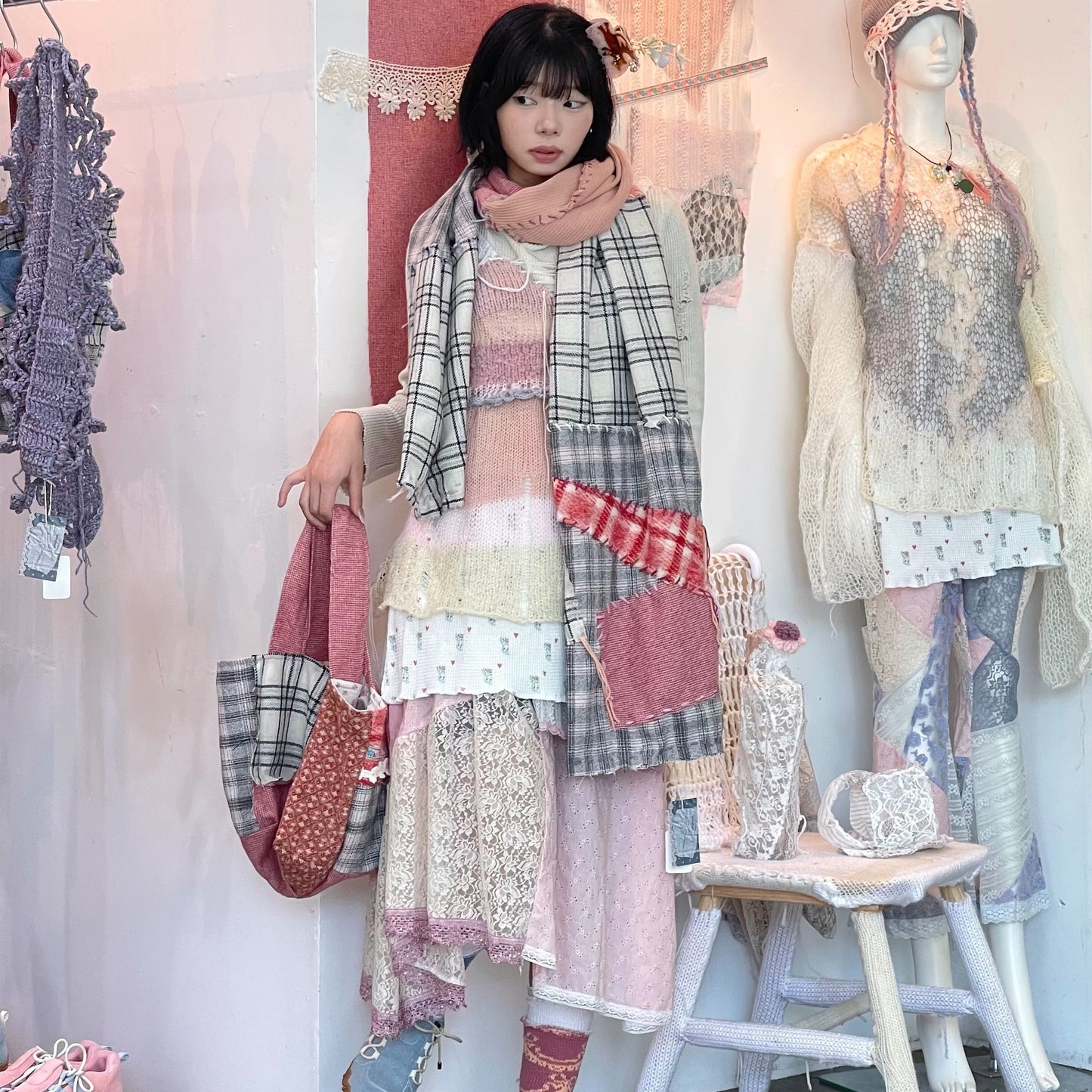 Hand stich scarf / Red / ハンドステッチスカーフ