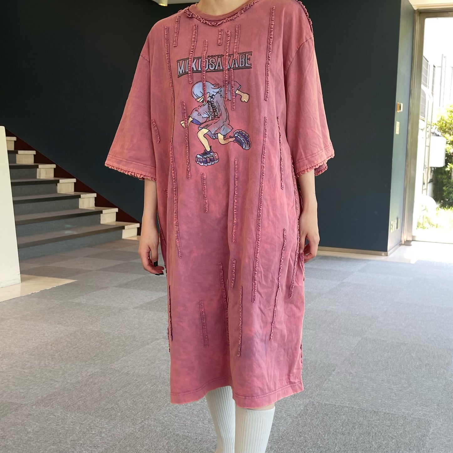 WASHED RUNNER LONG T-SHIRT / PINK / ウォッシュ加工フリルTシャツワンピース