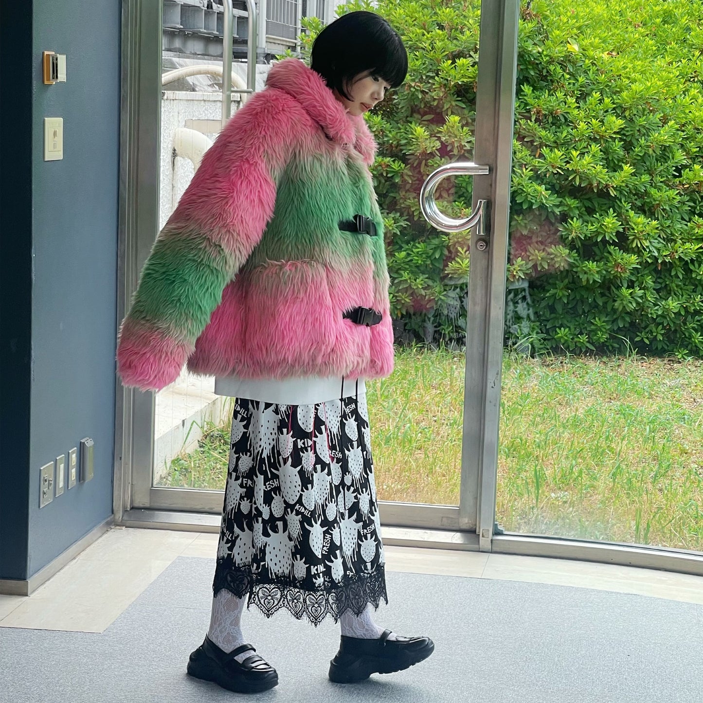 FAUX-FUR JACKET / PINK × GREEN / フェイクファージャケット
