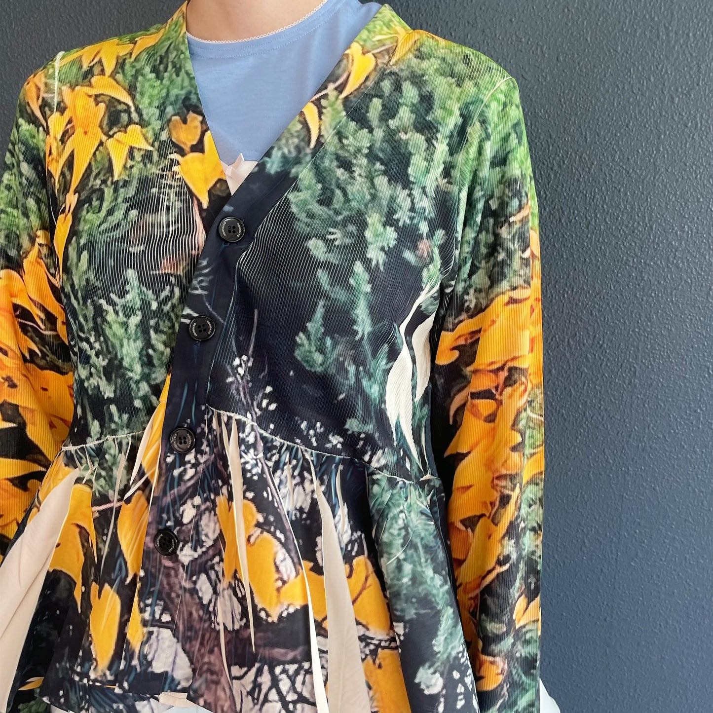 DIRECT PRINT RIB GATHER CARDIGAN / YELLOW WOOD / ダイレクトプリントリブギャザーカーディガン