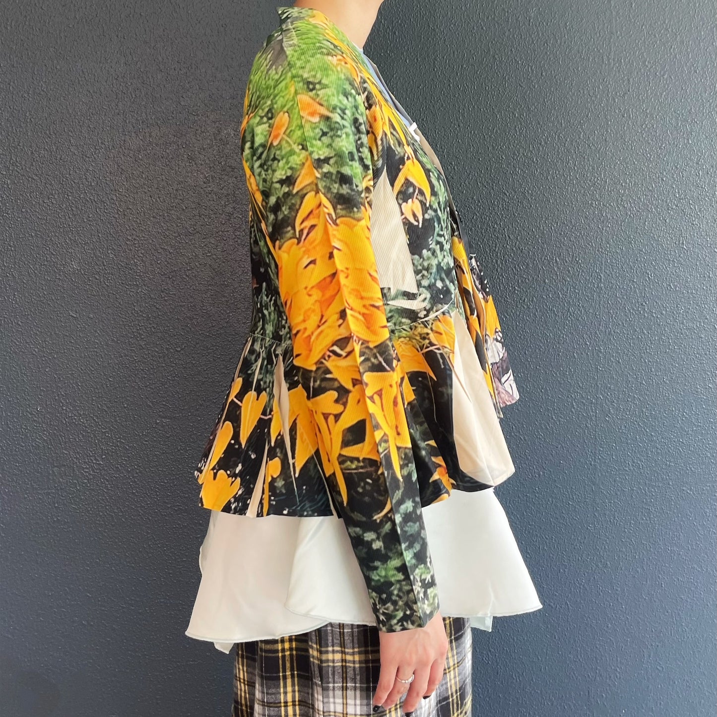 DIRECT PRINT RIB GATHER CARDIGAN / YELLOW WOOD / ダイレクトプリントリブギャザーカーディガン