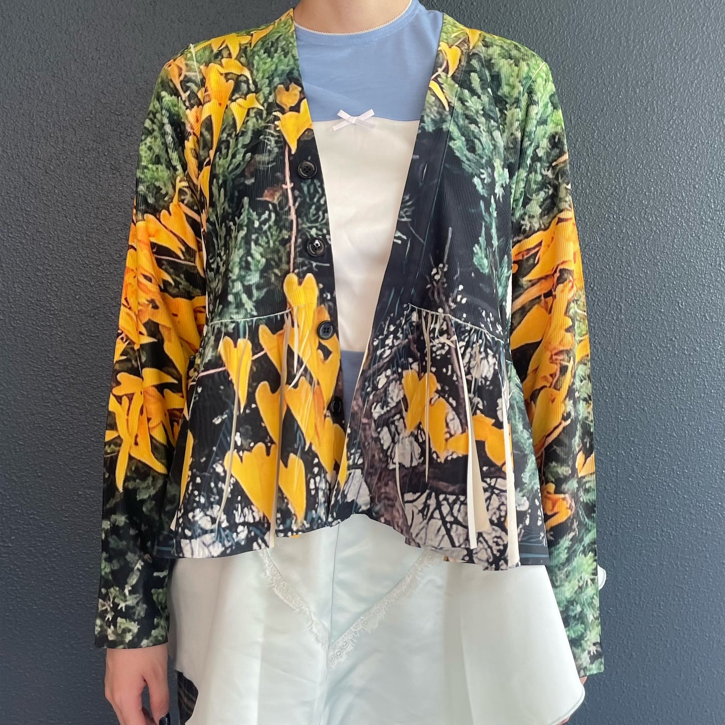DIRECT PRINT RIB GATHER CARDIGAN / YELLOW WOOD / ダイレクトプリントリブギャザーカーディガン