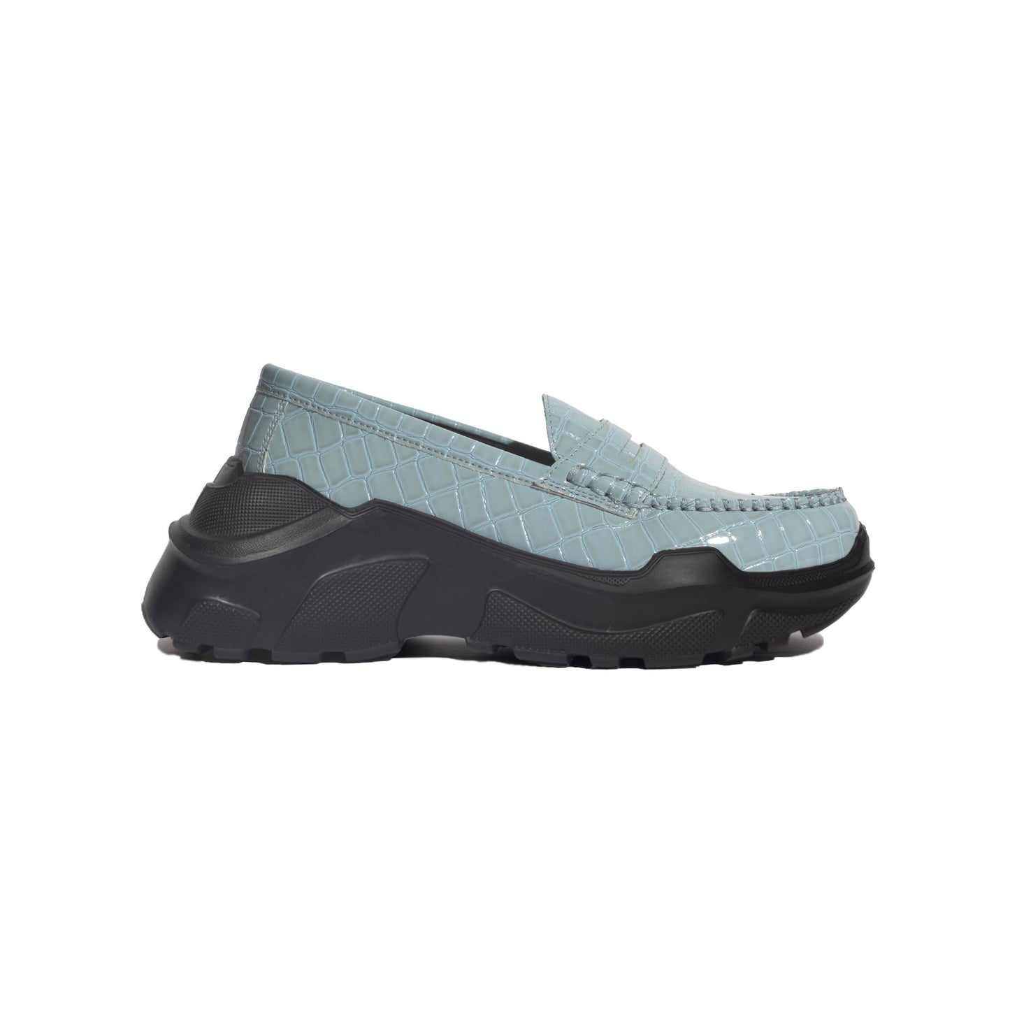 【AKIKOAOKI】Regulated Gravity-petent crocodile / Light Blue x Black / エナメルクロコローファー