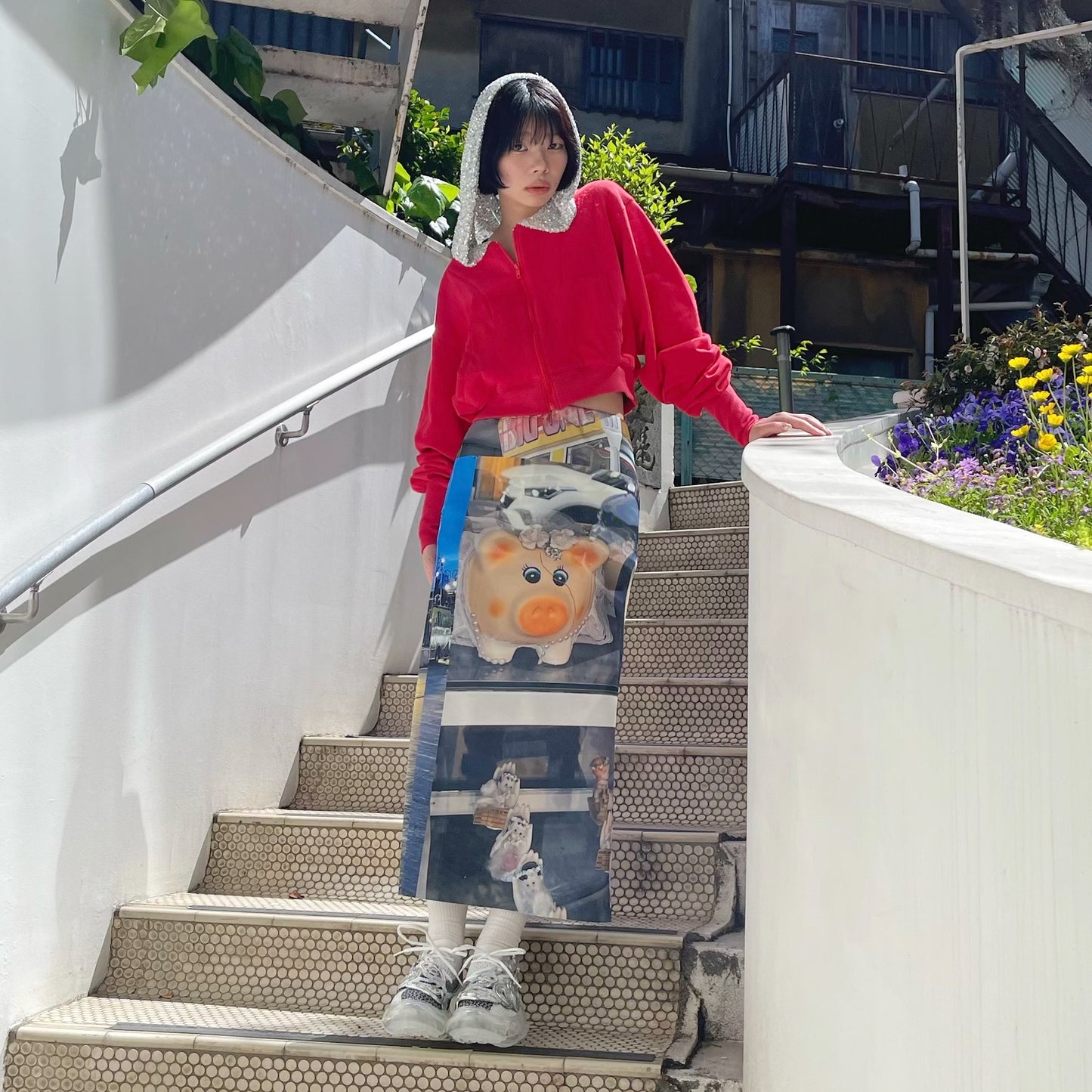 【SHEEP別注】PRINT RIB TIGHT SKIRT / PIG / プリントリブタイトスカート