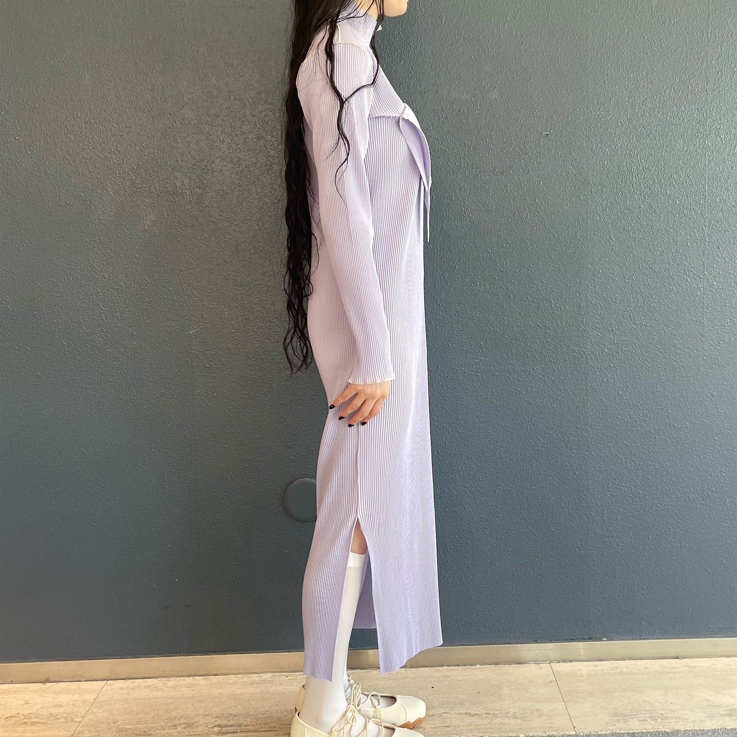 TODO WAVE LONG SLEEVE DRESS *HIGH NECK TYPE / LAVENDER / プリーツウェーブロングスリーブドレス